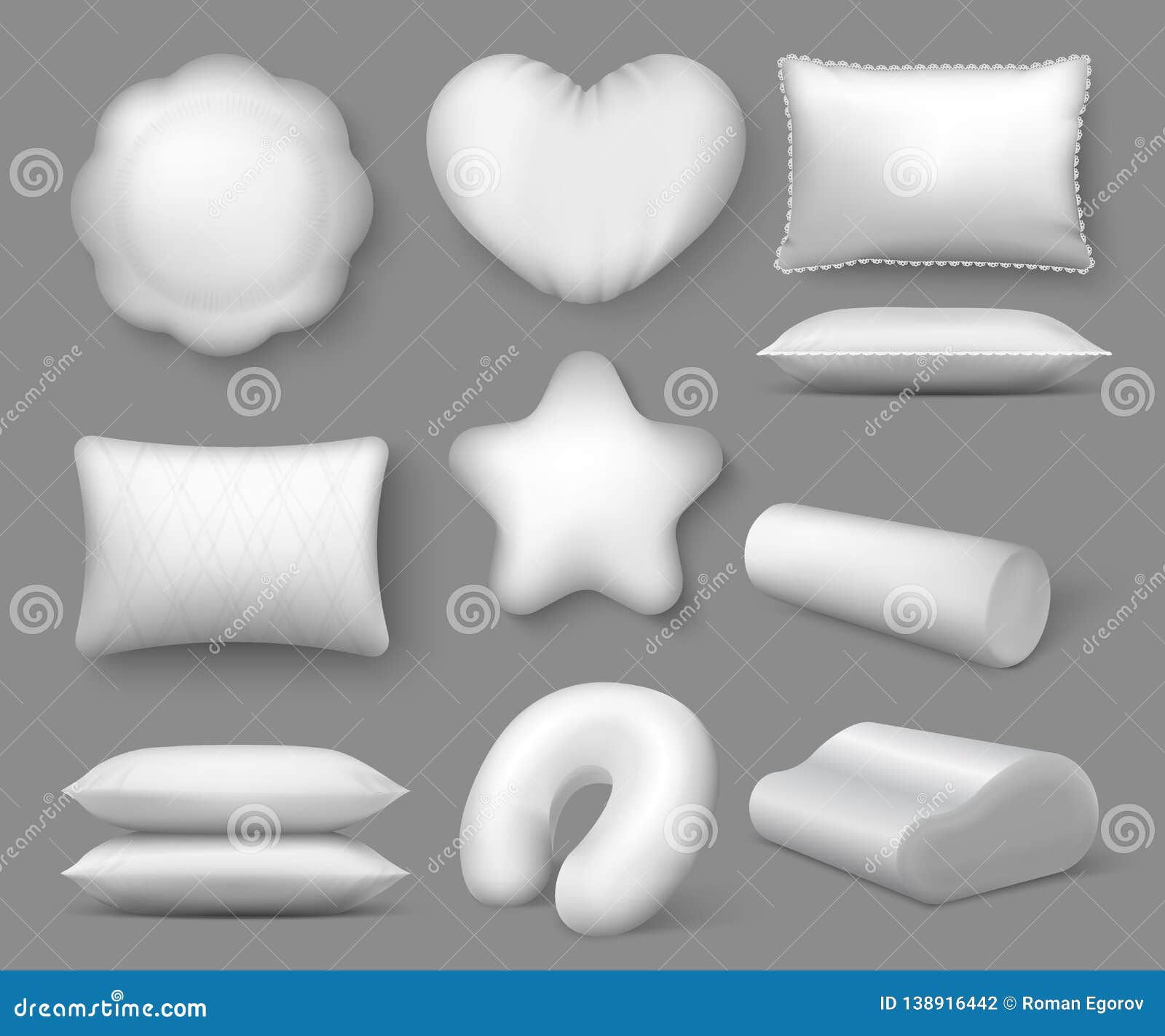 realistic white pillows. 3d round soft cushions for sleep and rest, blank comfort square pillow, home relax concept