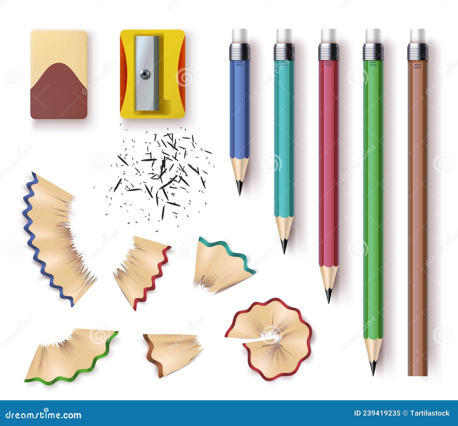 Collection of hand drawn stationery or writing utensils. Set of office and  art supplies isolated on white background - brush, pen, pencil, marker,  eraser, paint, sharpener. Vector illustration. Stock Vector