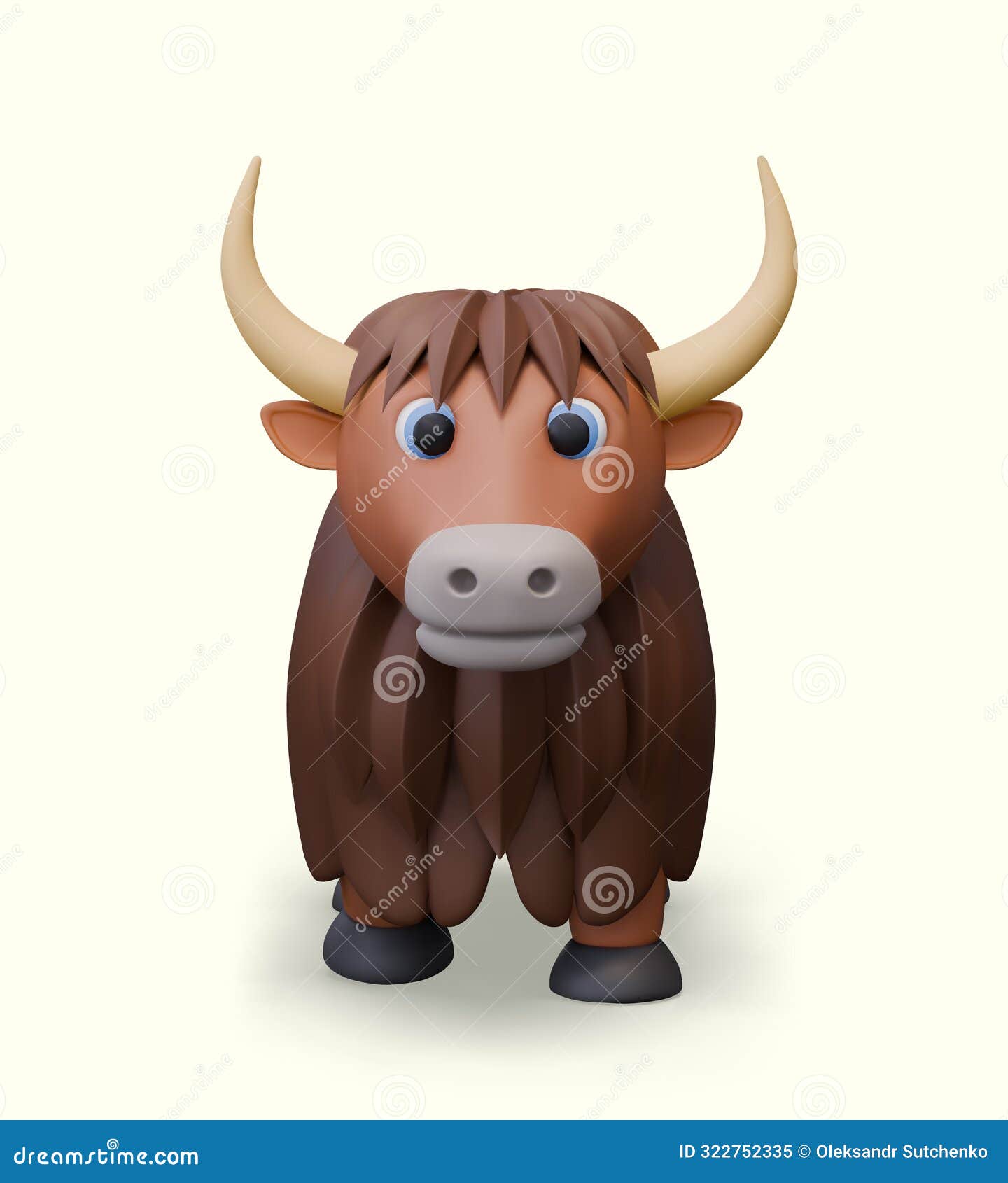 realistic yak, front view. long horned shaggy bull.  wild herbivore