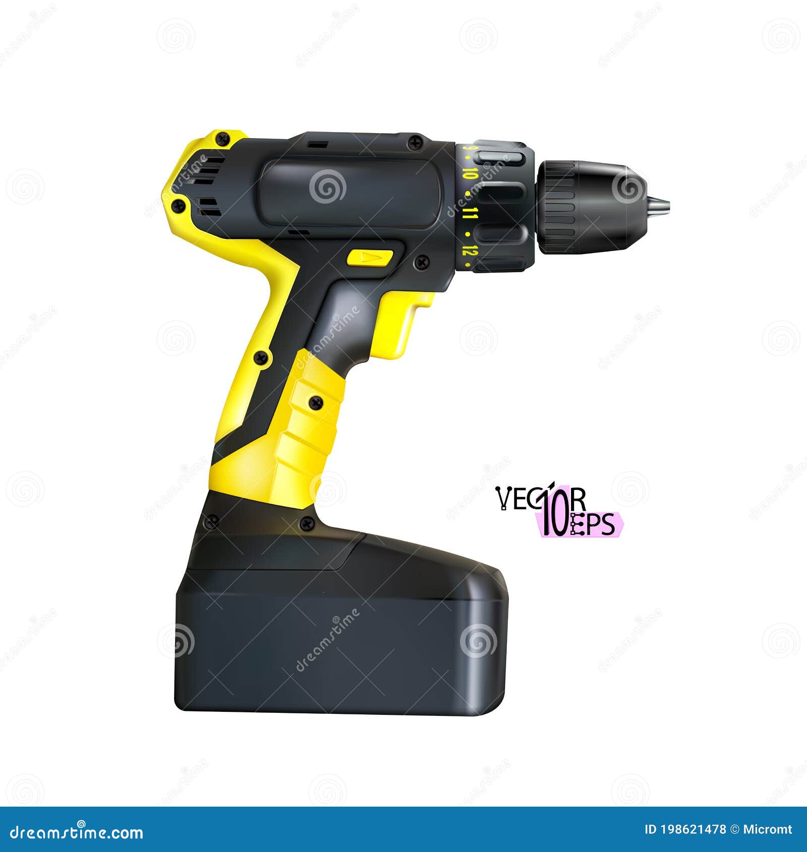 Realistic Yellow Black Cordless Drill Professional Tool Isolated on ...