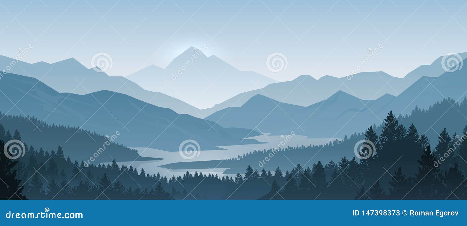 Realistische Berge gestalten landschaftlich Hölzerne Panorama-, Kiefer- und Gebirgsschattenbilder des Morgens Vektor Forest Backg