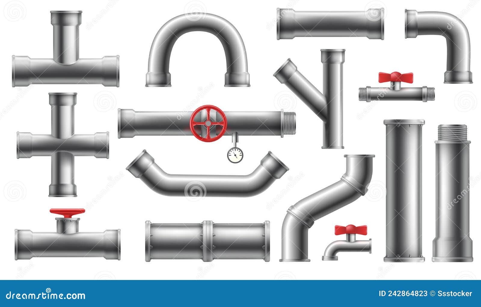 Realistisches Rohr. Rohrleitung Aus Metall Mit Geschweißtem Runden  Ventilstahl, Galvanisierte Rohrverbindungen Mit 3D-Wasser Vektor Abbildung  - Illustration von entwässerung, befestigen: 242864823