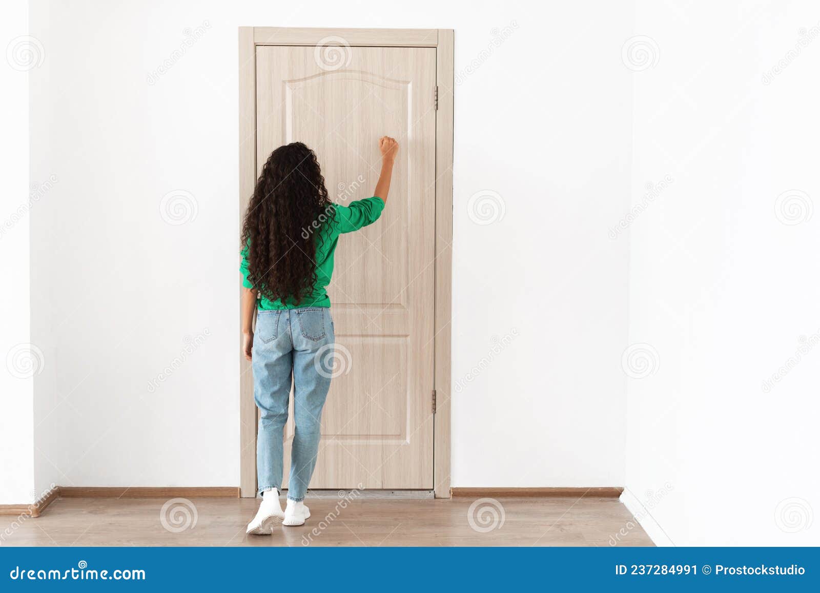 Rear Back View Of Lady Knocking On The Wooden Door Stock Image Image Of Female Destination