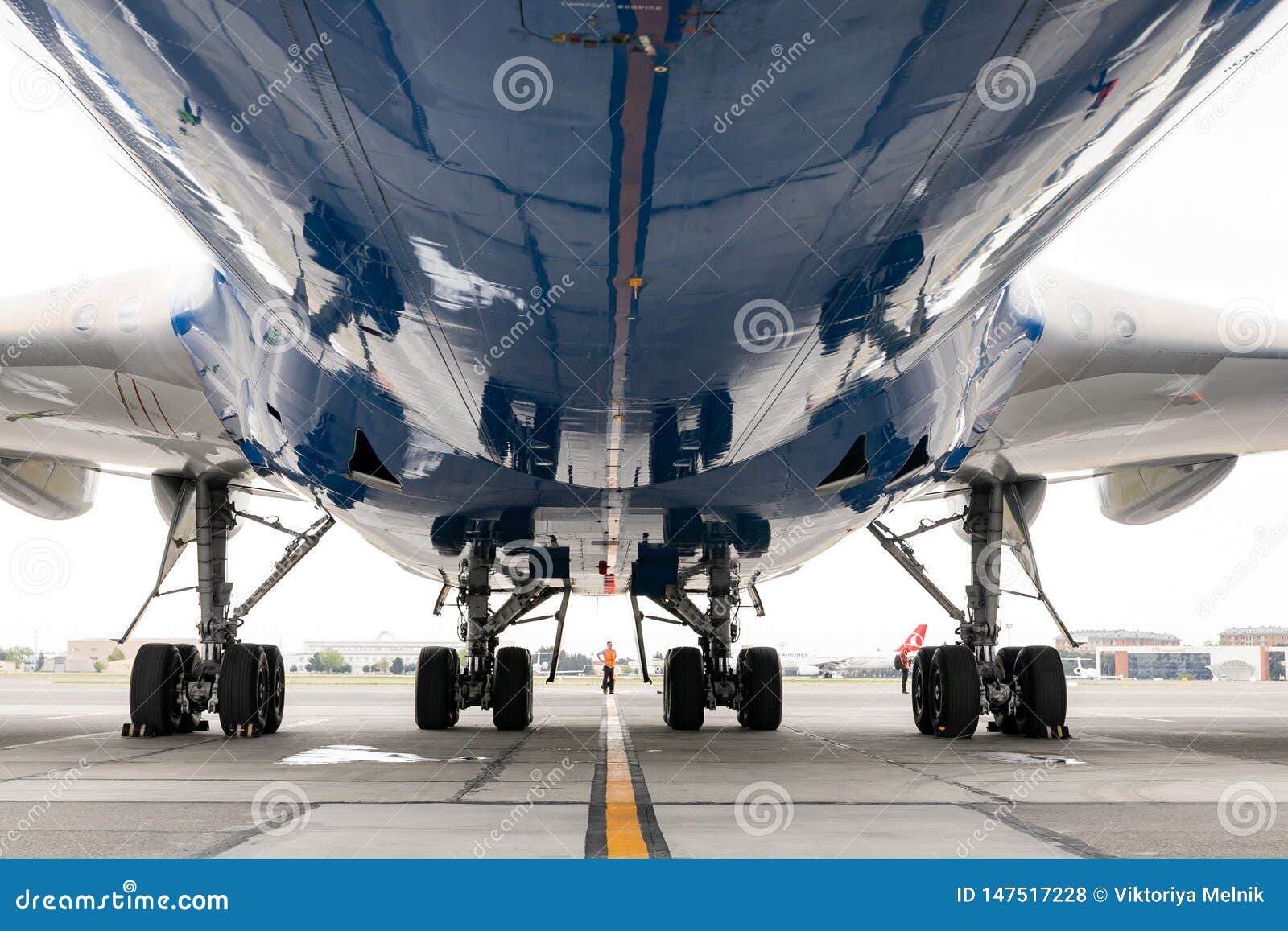 The Rear Chassis of the Aircraft Standing at the Airport. Stock Photo