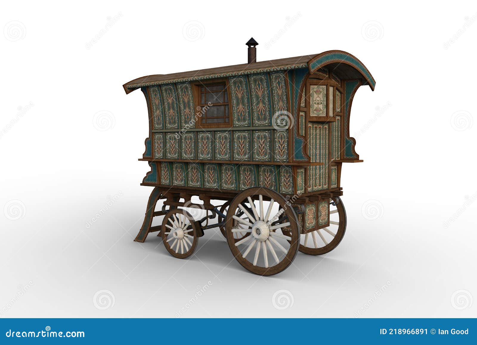 rear coner view 3d rendering of a turquoise and green romany gypsy caravan  on white