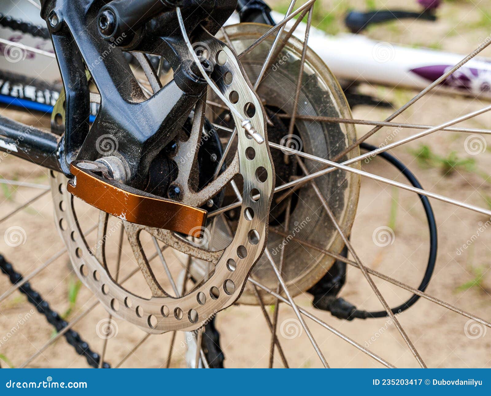 Rear Disc Brake on a Bicycle, Perforated, Cable Brake Stock Image
