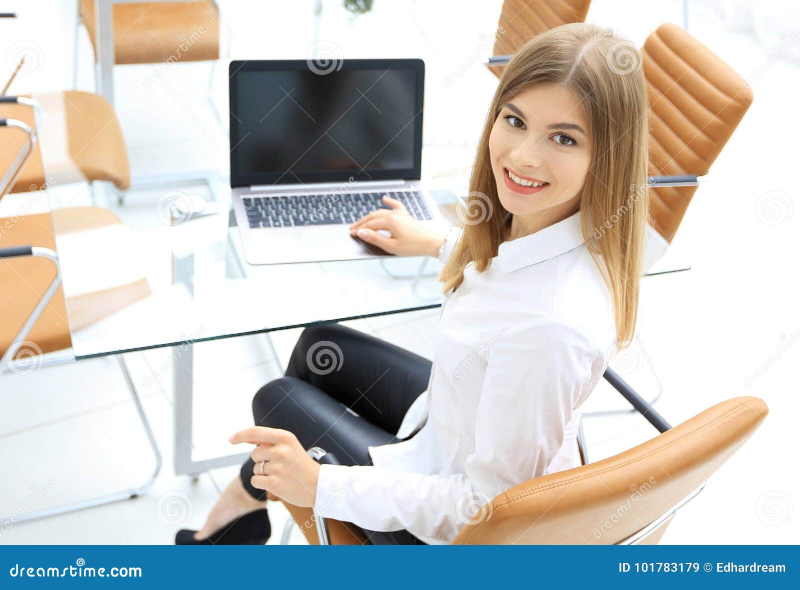 Rear Viewfemale Assistant Looking At The Camera Stock Image Image