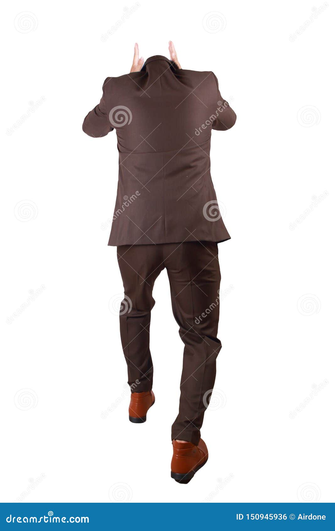 rear view of businessman asking for forgiveness, inferior gesture