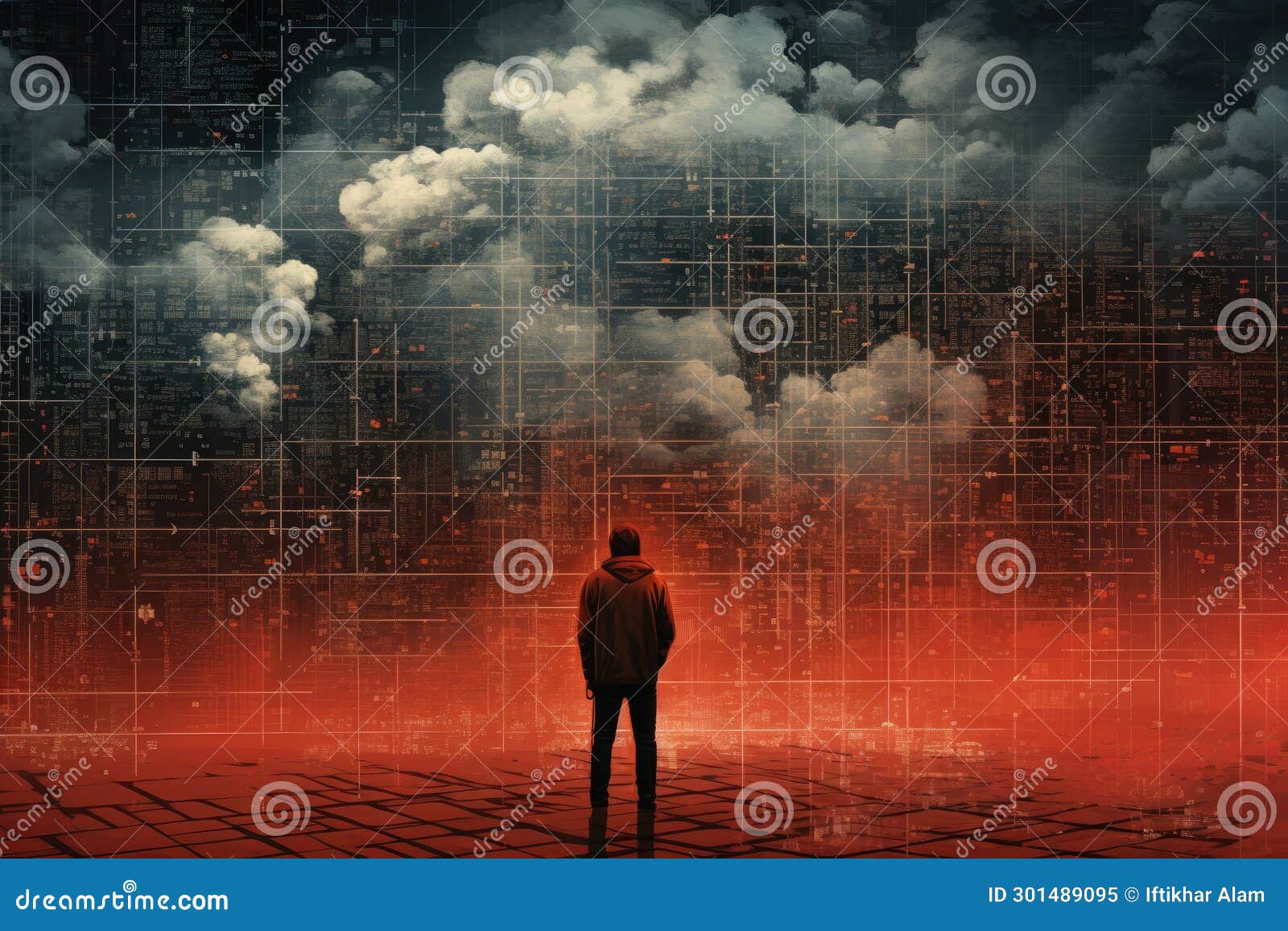 rear view of businessman looking at abstract background with cloud computing concept, datos en la nube y red, concepto de ciencia