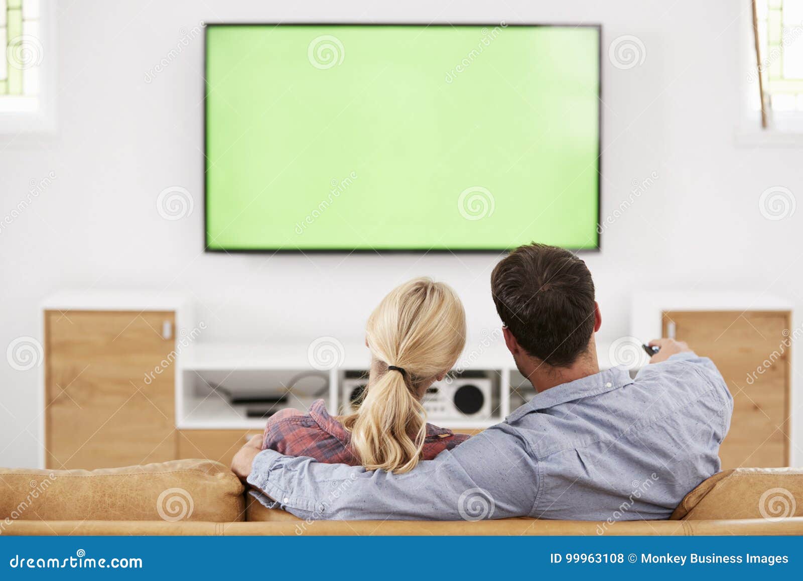 Rear View of Couple Watching Television Together Stock Photo Image of