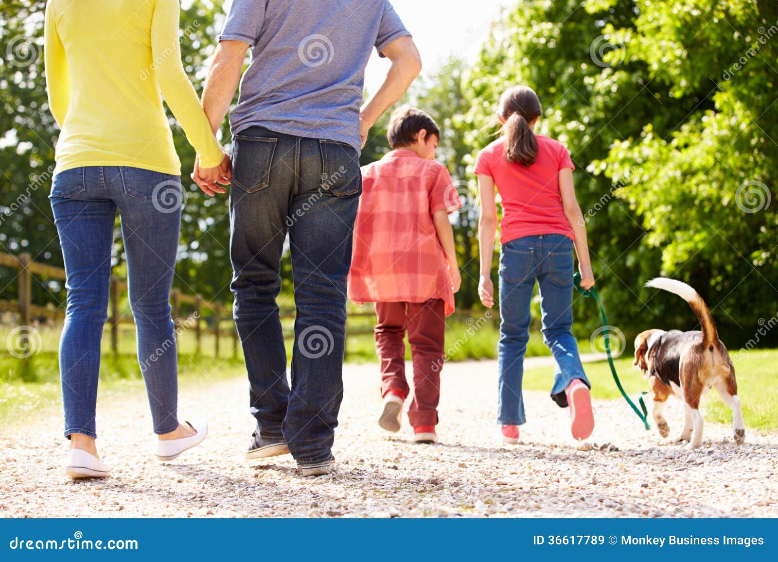 rear view of family taking dog for walk