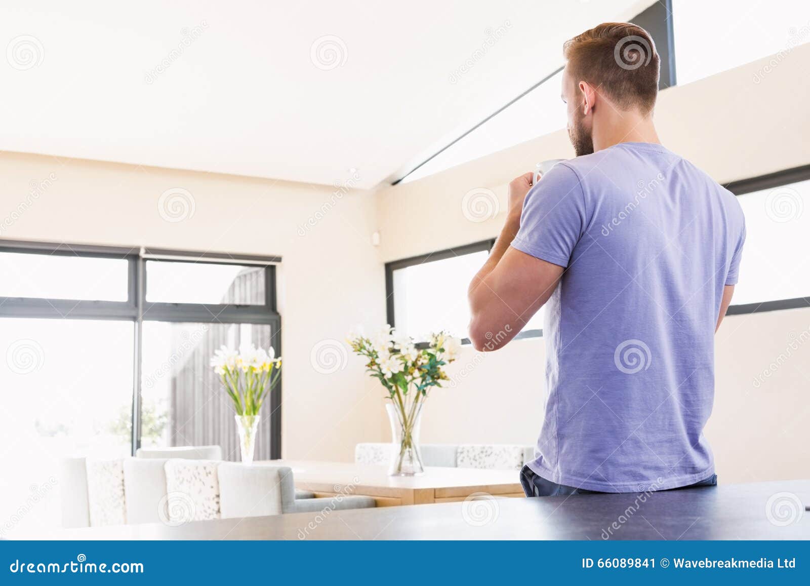 Rear View of Handsome Man Drinking Coffee Stock Image Image of house