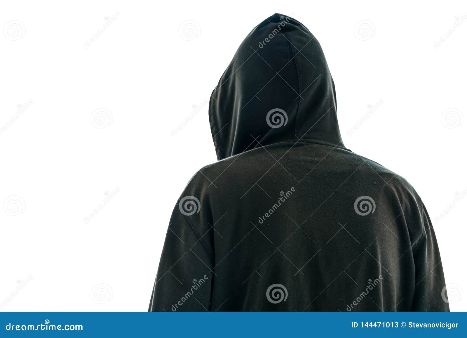 rear view of hooded male person  onwhite background