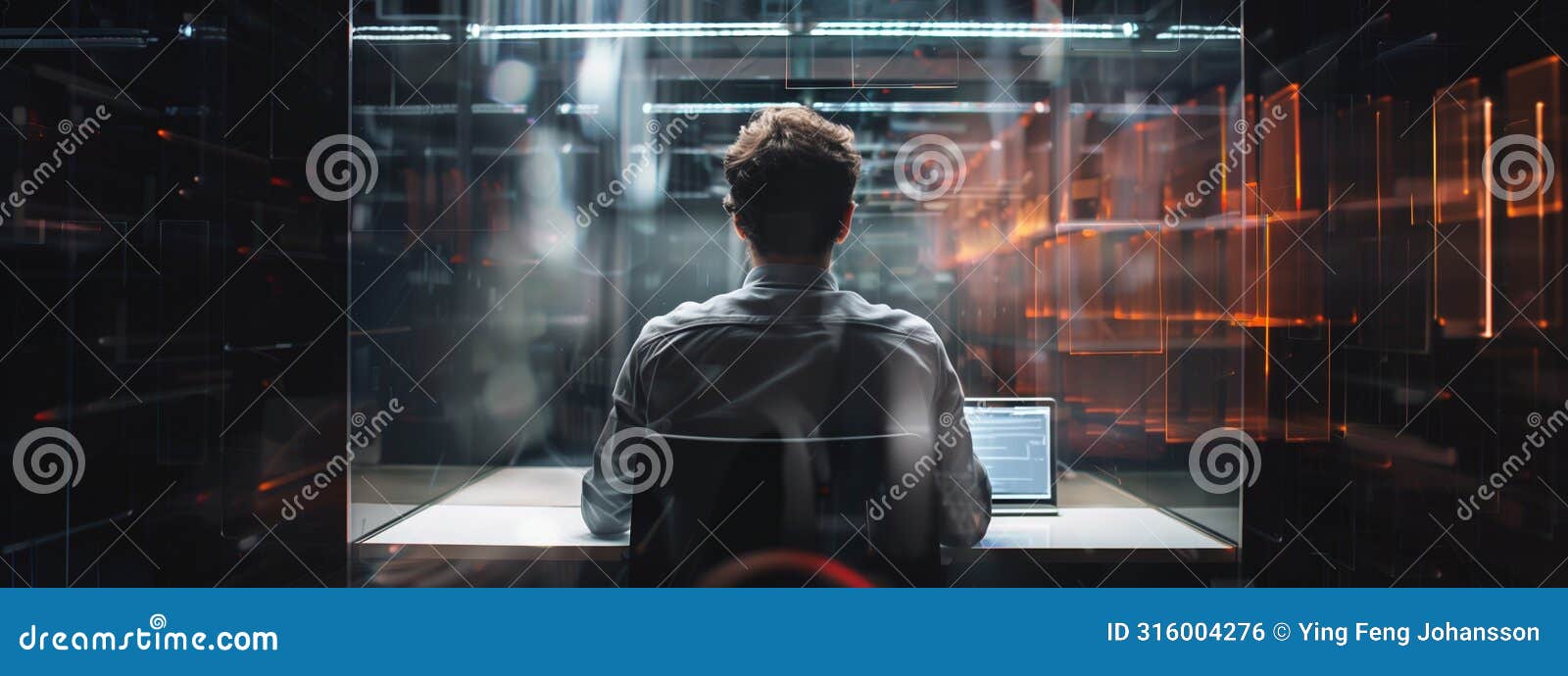 rear view of lonely businessman working in solitude on laptop in glass cubicle.