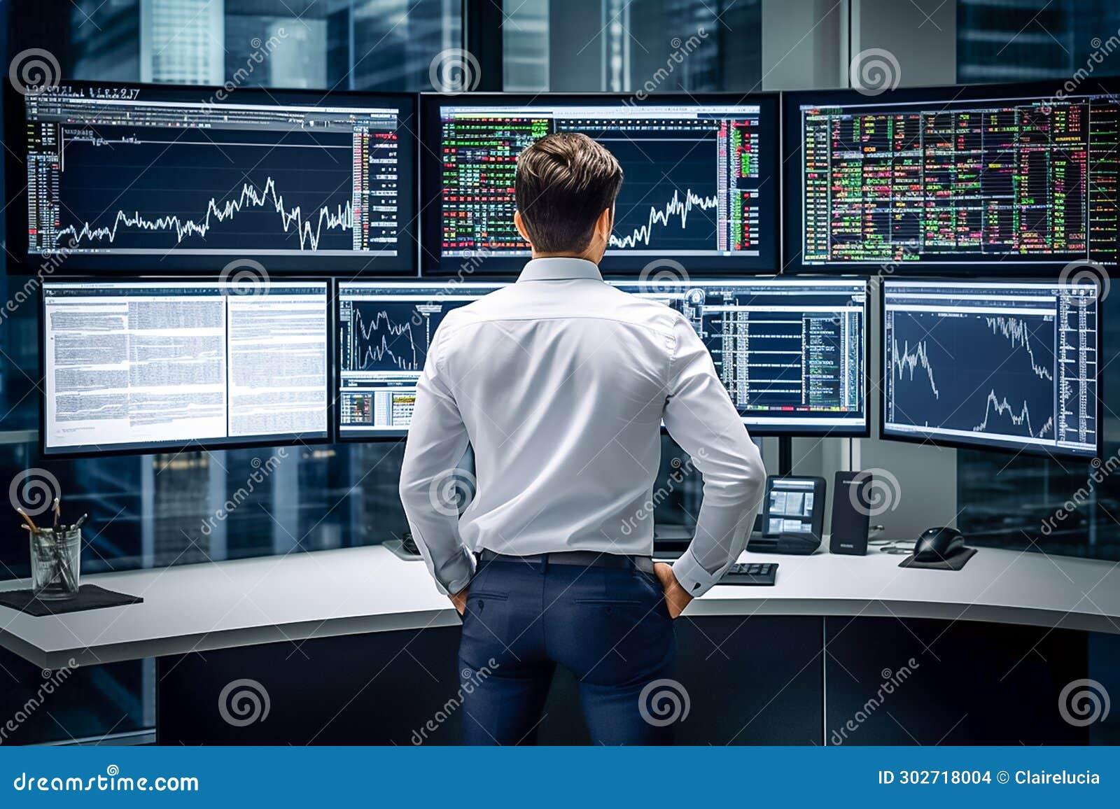 A rear view of a male trader looking at interactive monitors with stock price charts, a rear view of a standing broker. AI generated