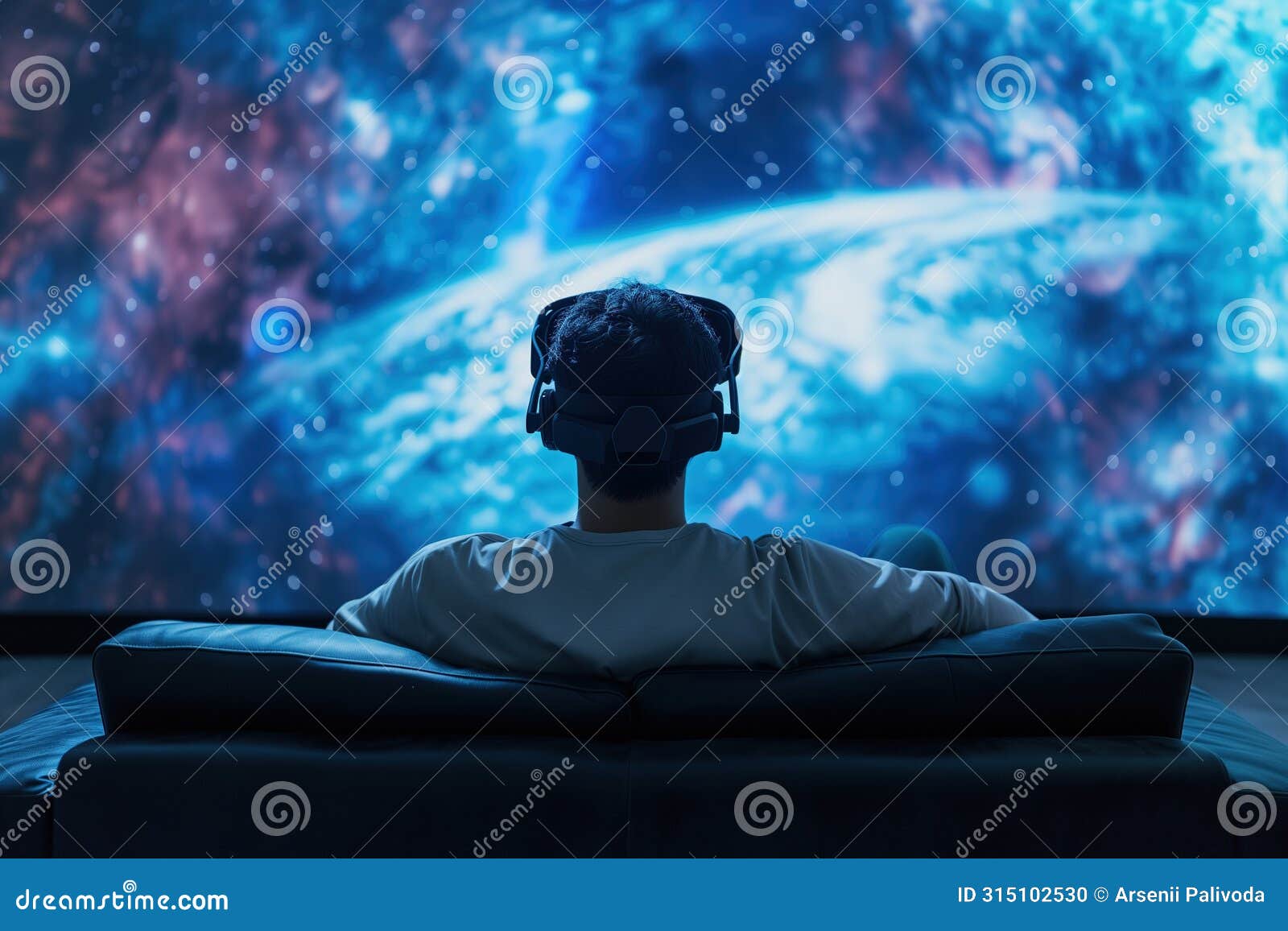 rear view of man in vr headset explores cosmic scenery in spatial augmented reality