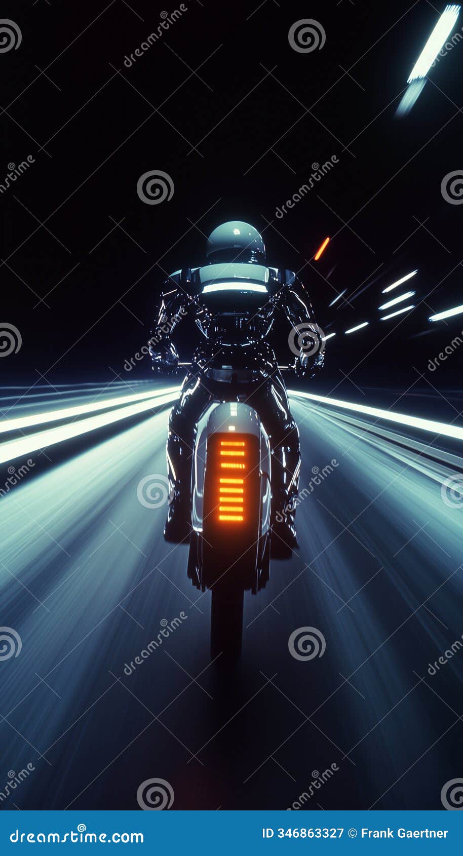 rear view of metallic robot riding a futuristic motorcycle on a highway at night