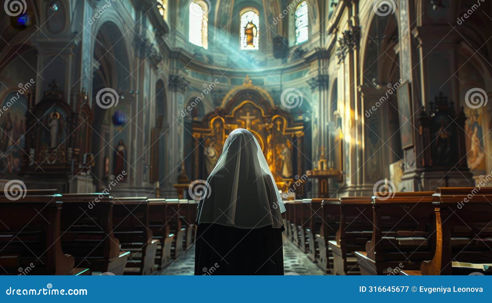 rear view of a nun inside the grandeur of a cathedral, evoking a solemn atmosphere