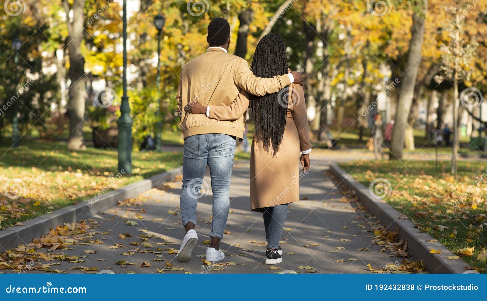 Rear View of Romantic Black Couple Walking on Pathway in Park Stock ...