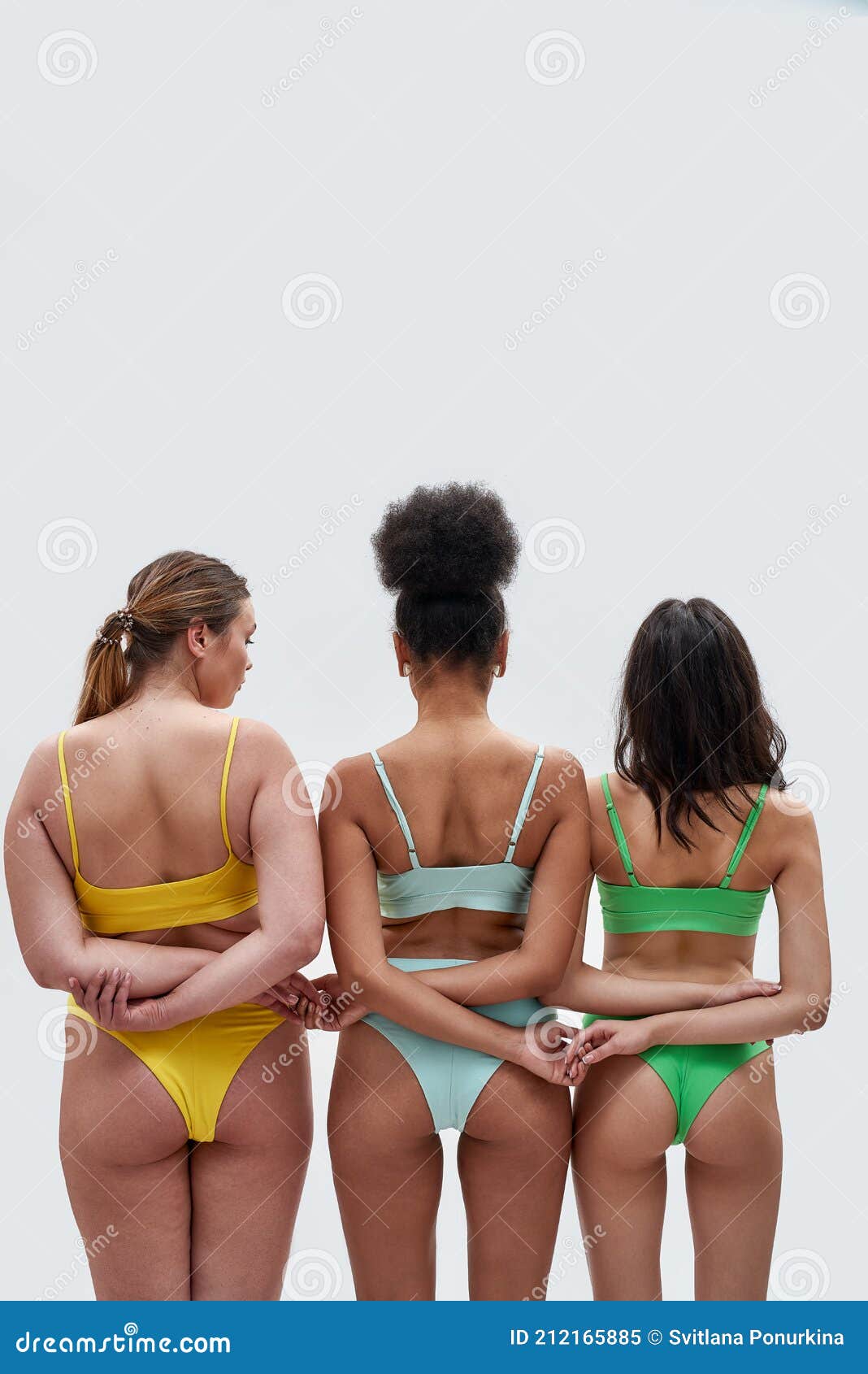 Rear View of Three Female Models with Different Body Types in Colorful  Underwear Holding Hands, Supporting Each Other Editorial Image - Image of  confidence, colorful: 212165885
