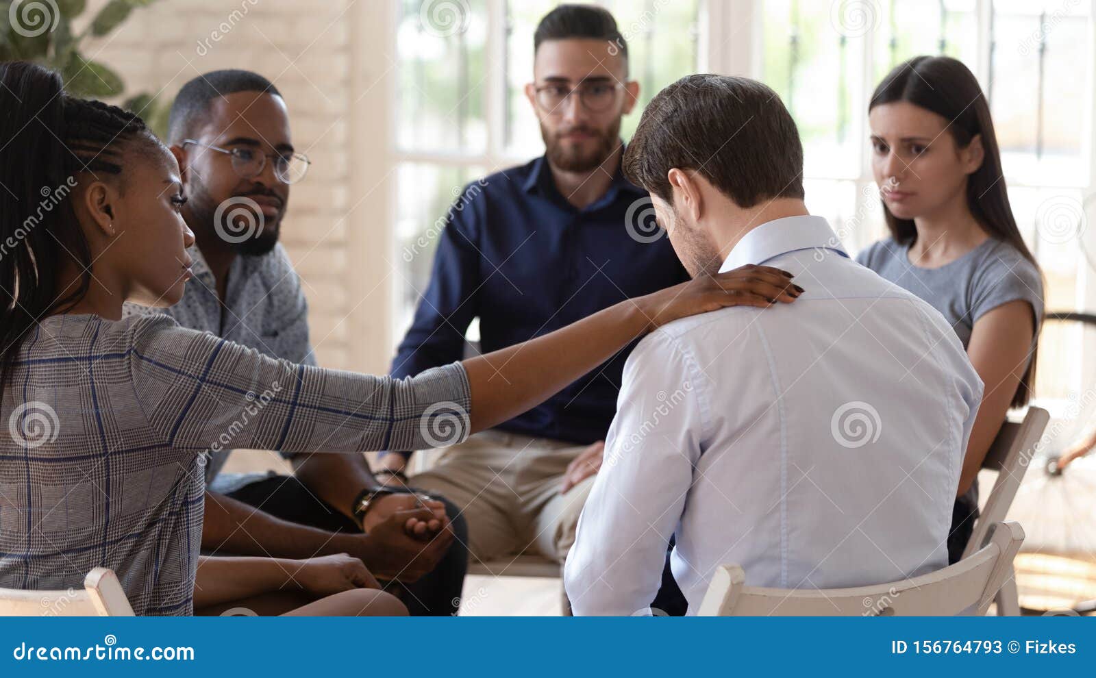 rear view at upset man feel depression get psychological support