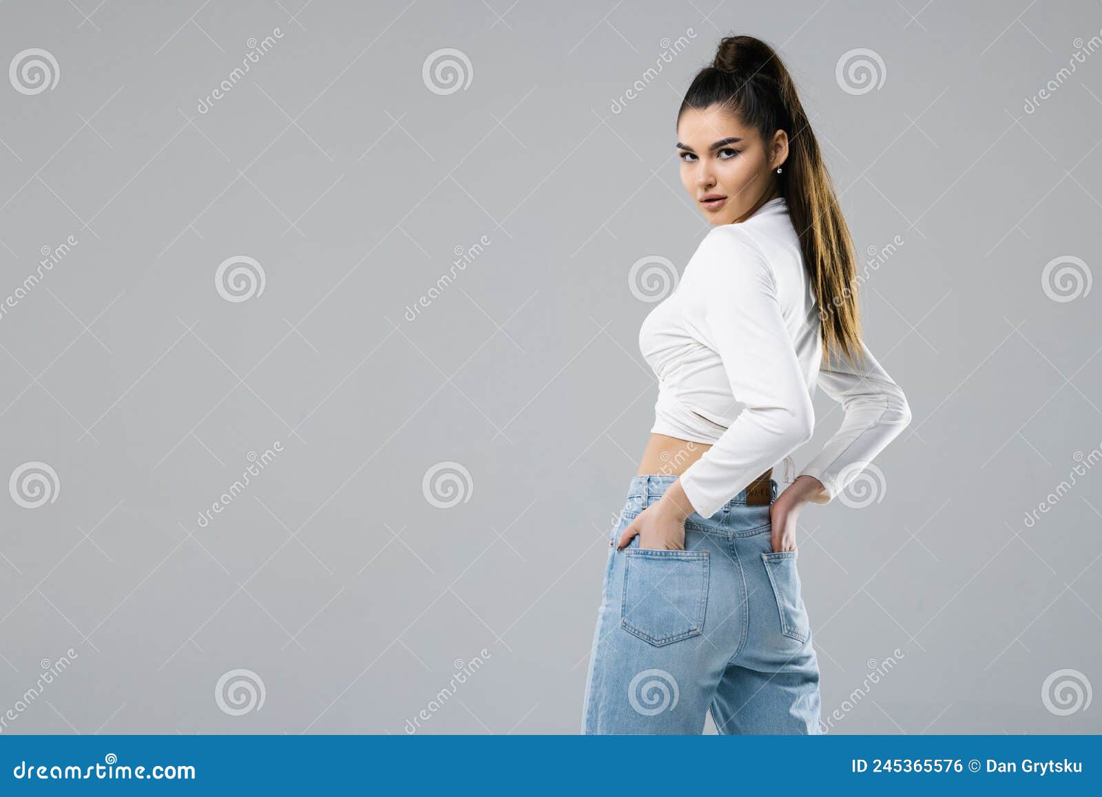 Rear View of Woman in Jeans Isolated on White Background Stock Photo ...