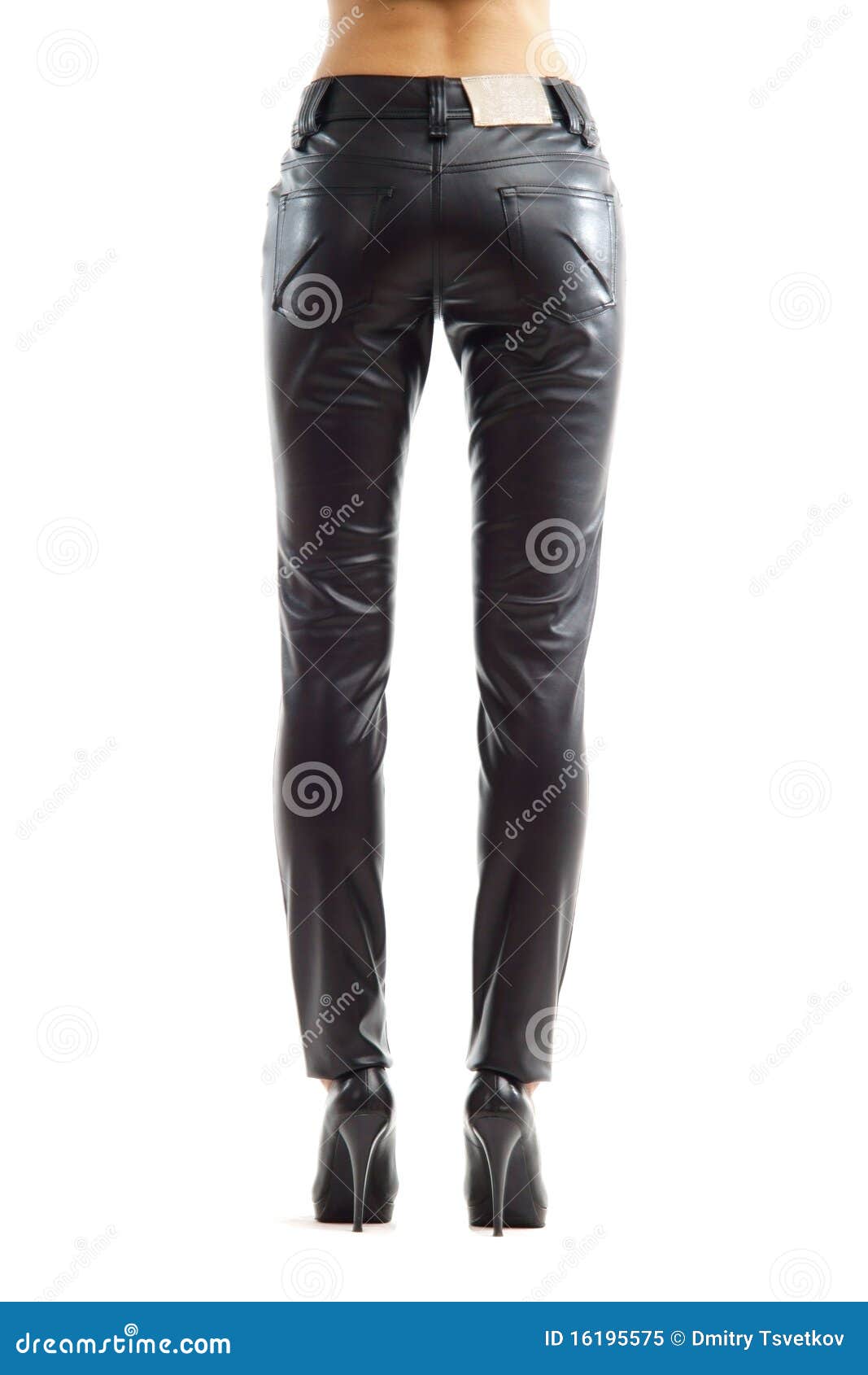 Rear View of Woman Legs in Black Leather Trousers Stock Image - Image of  denim, boots: 16195575