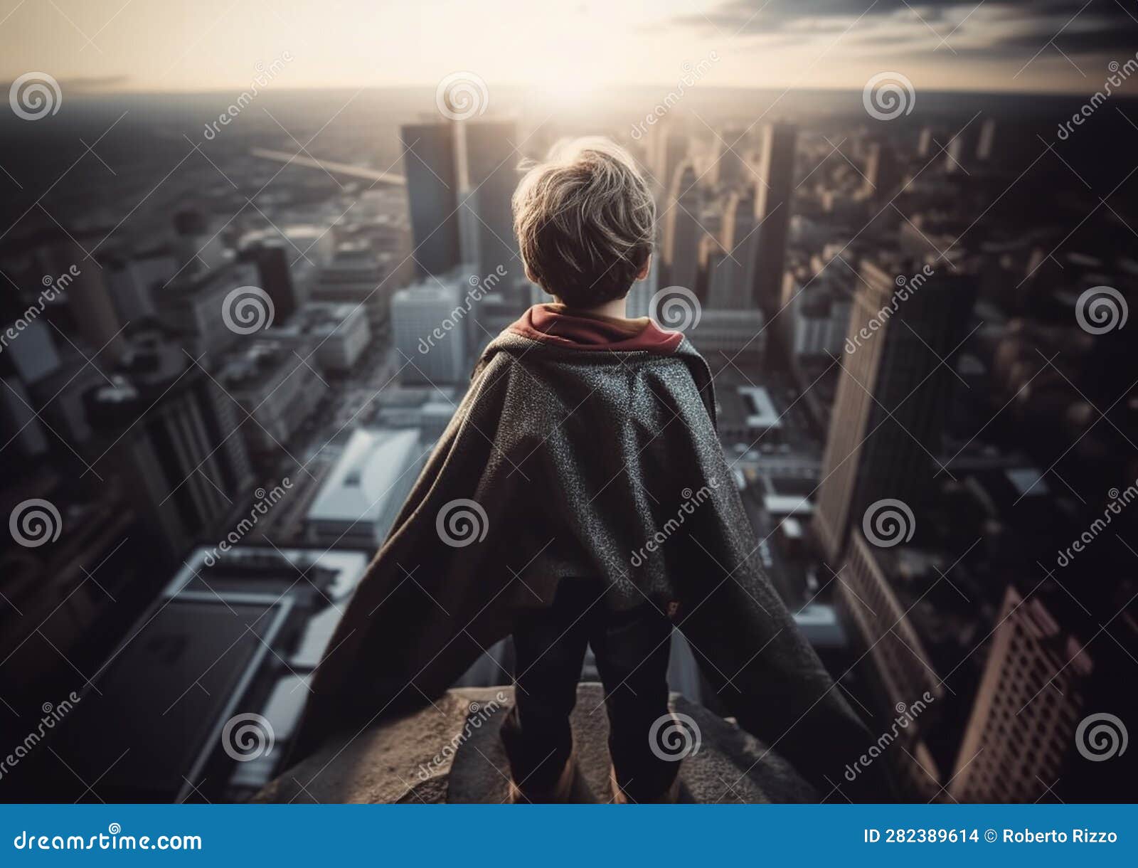 rear view of young boy on top of skycraper dreaming of becoming a superhero.