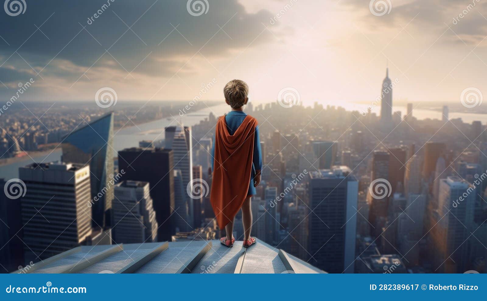 rear view of young boy on top of skycraper dreaming of becoming a superhero.
