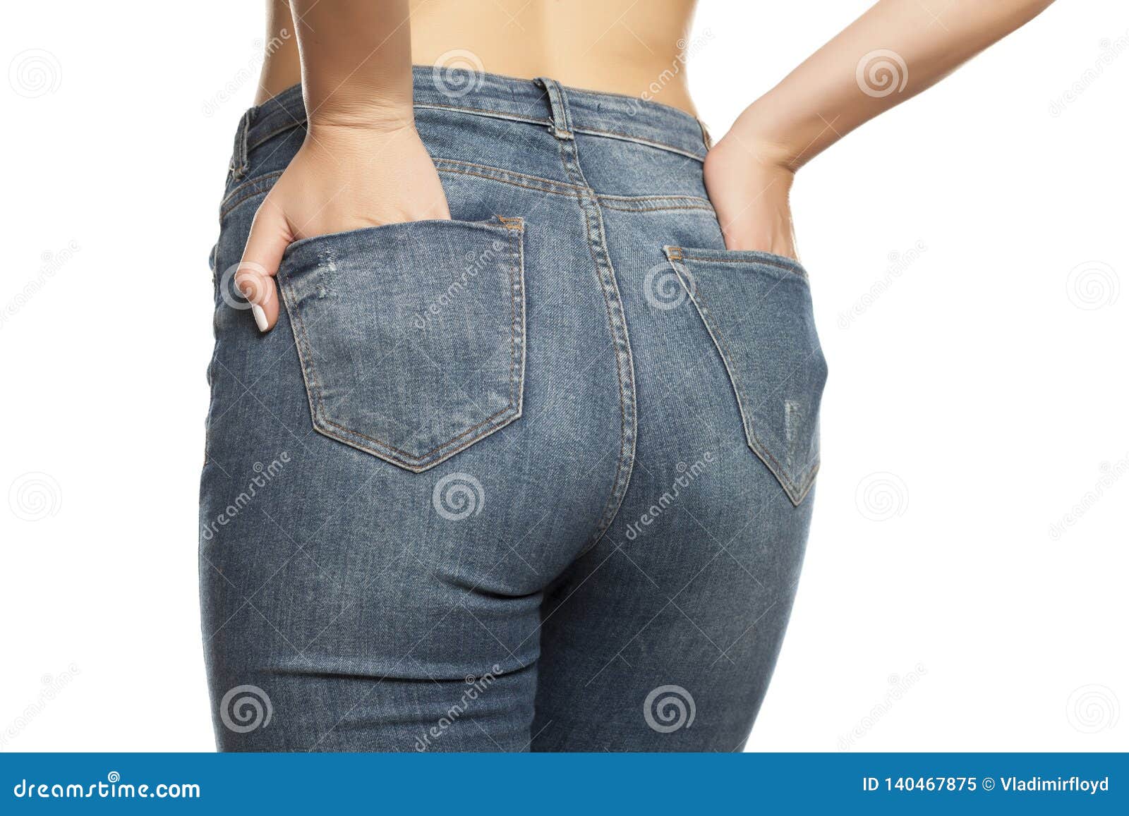 Rear View of Young Woman Posing in Jeans Stock Image - Image of white ...