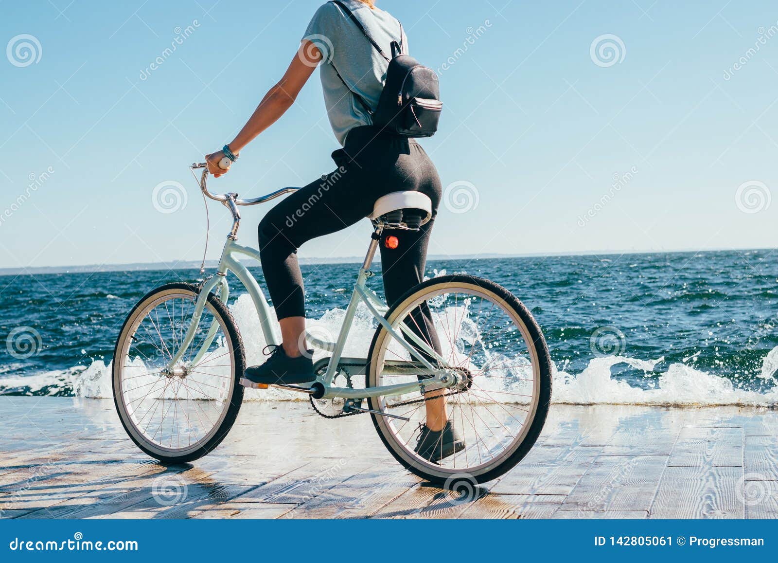 Rear View Young Woman Stopped during Bike Ride Stock Image - Image of ...