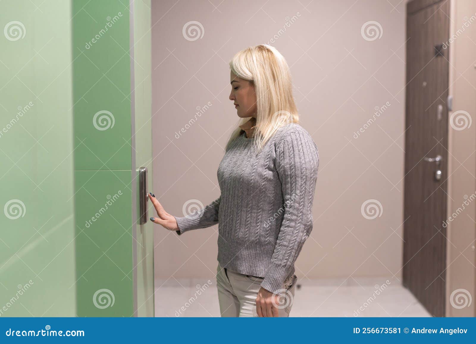 Rear View of a Young Woman Using Elevator Stock Image Image of button, journey 256673581