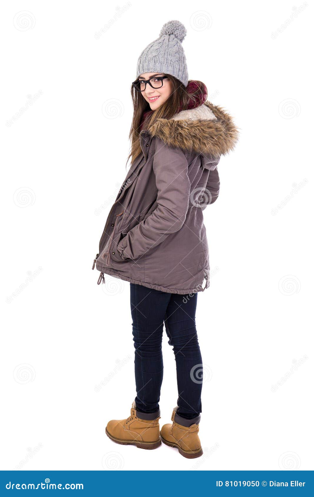 Rear View Of Young Woman In Winter Clothes Isolated On White Stock ...