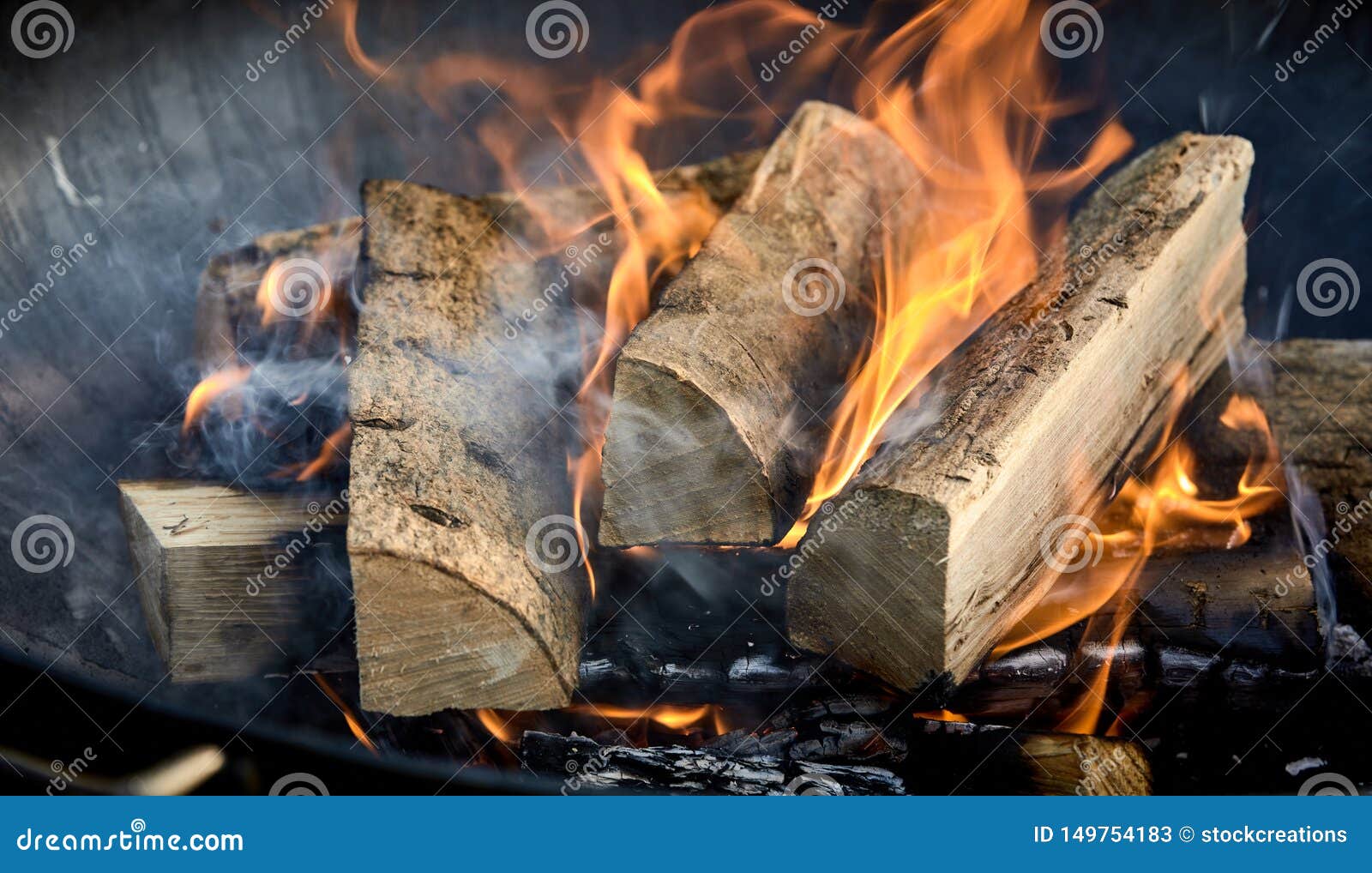 recently lit fire with logs of flaming wood