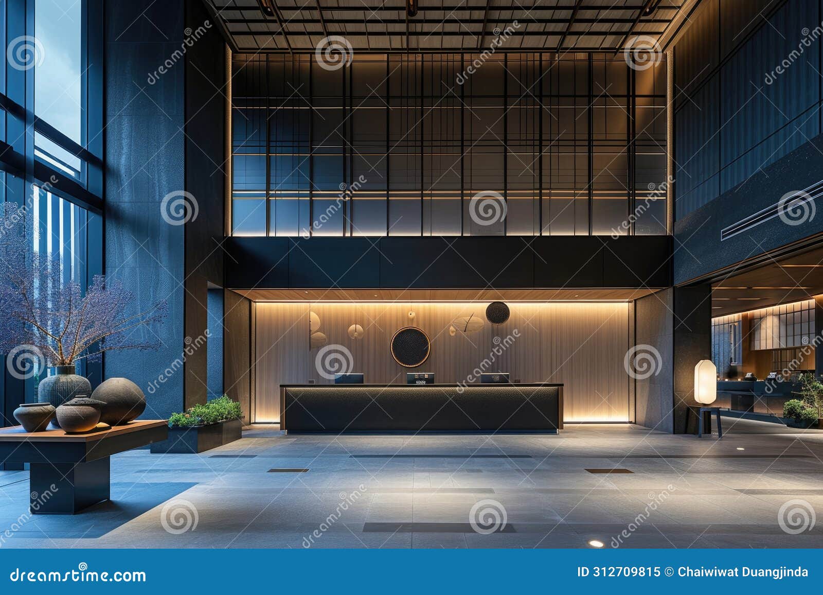 reception area at a modern hotel has a large light, in the style of shodo,in the style of light blue and dark gray, subtle