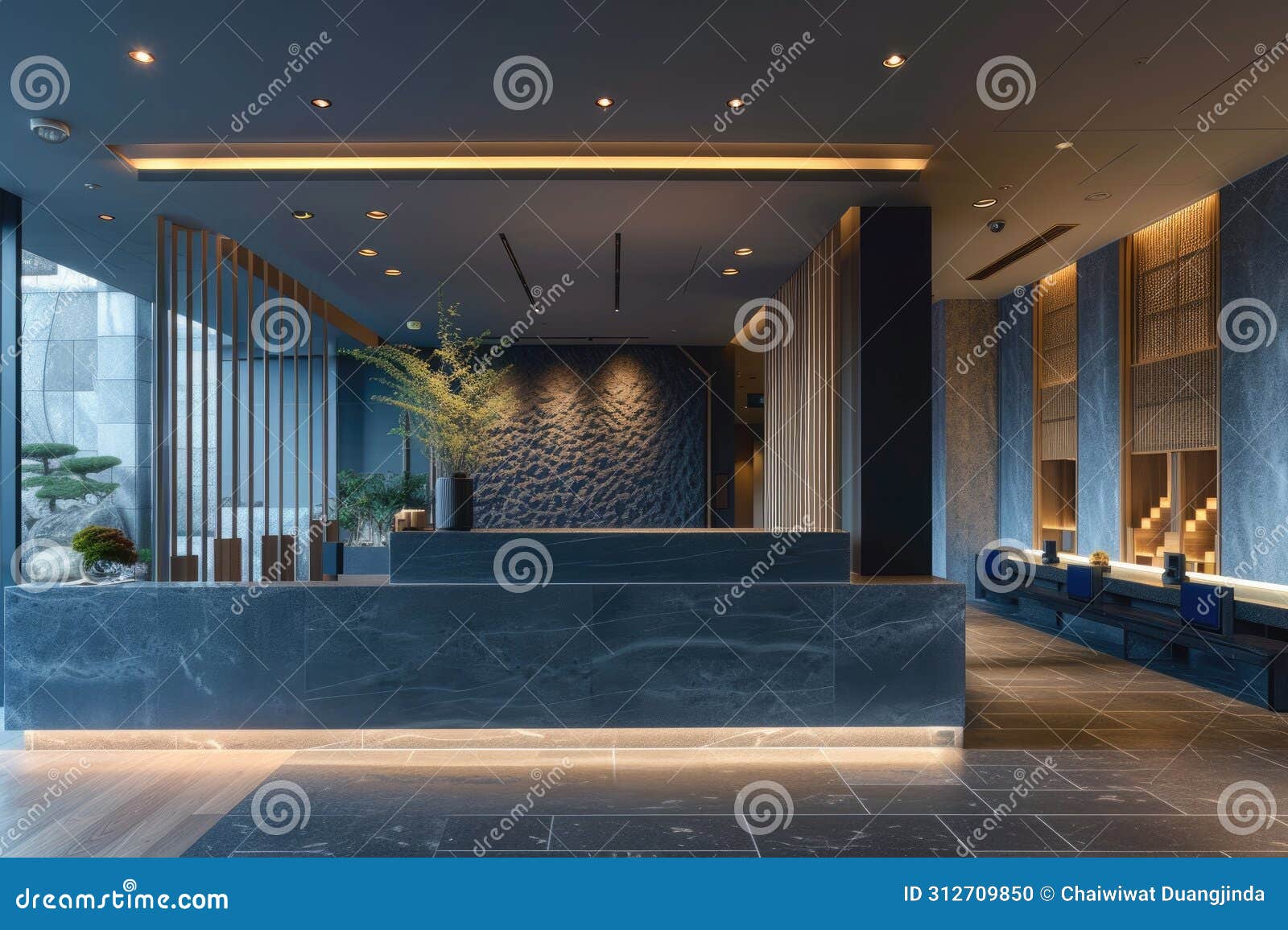 reception area at a modern hotel has a large light, in the style of shodo,in the style of light blue and dark gray, subtle