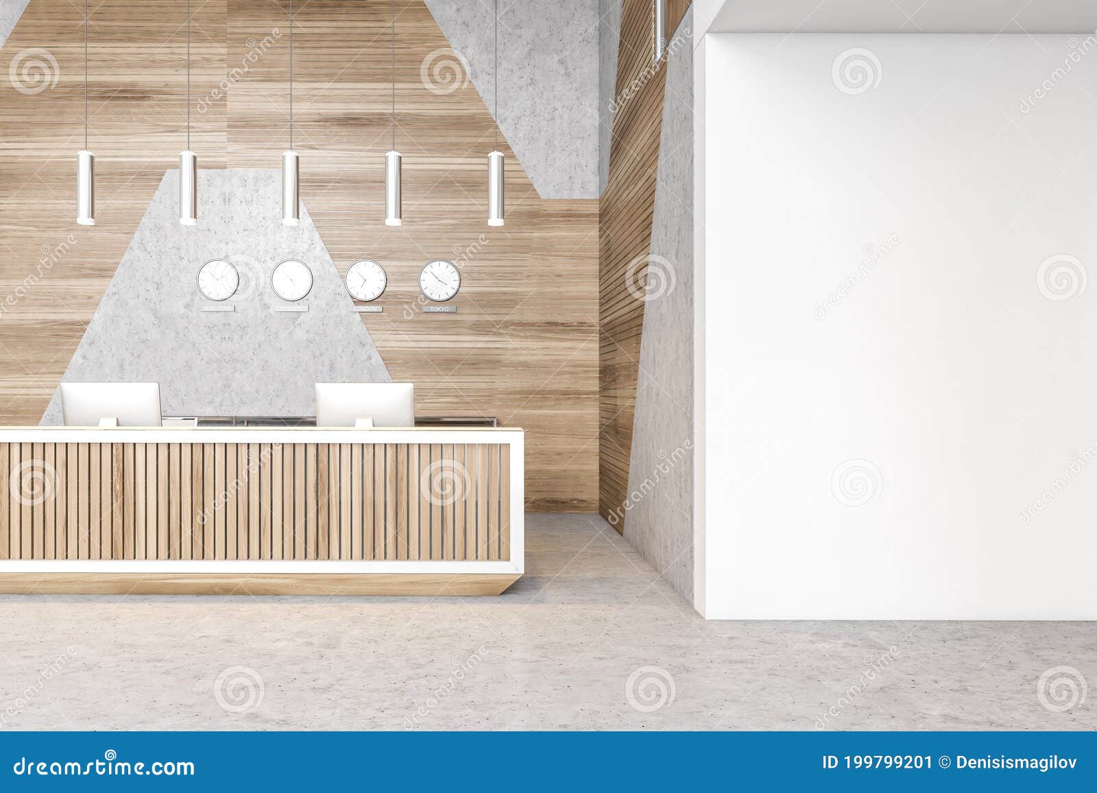 Download Reception Desk With Blank Mockup In Open Space Lobby With Clocks Wooden Wall Stock Illustration Illustration Of Furniture Marble 199799201
