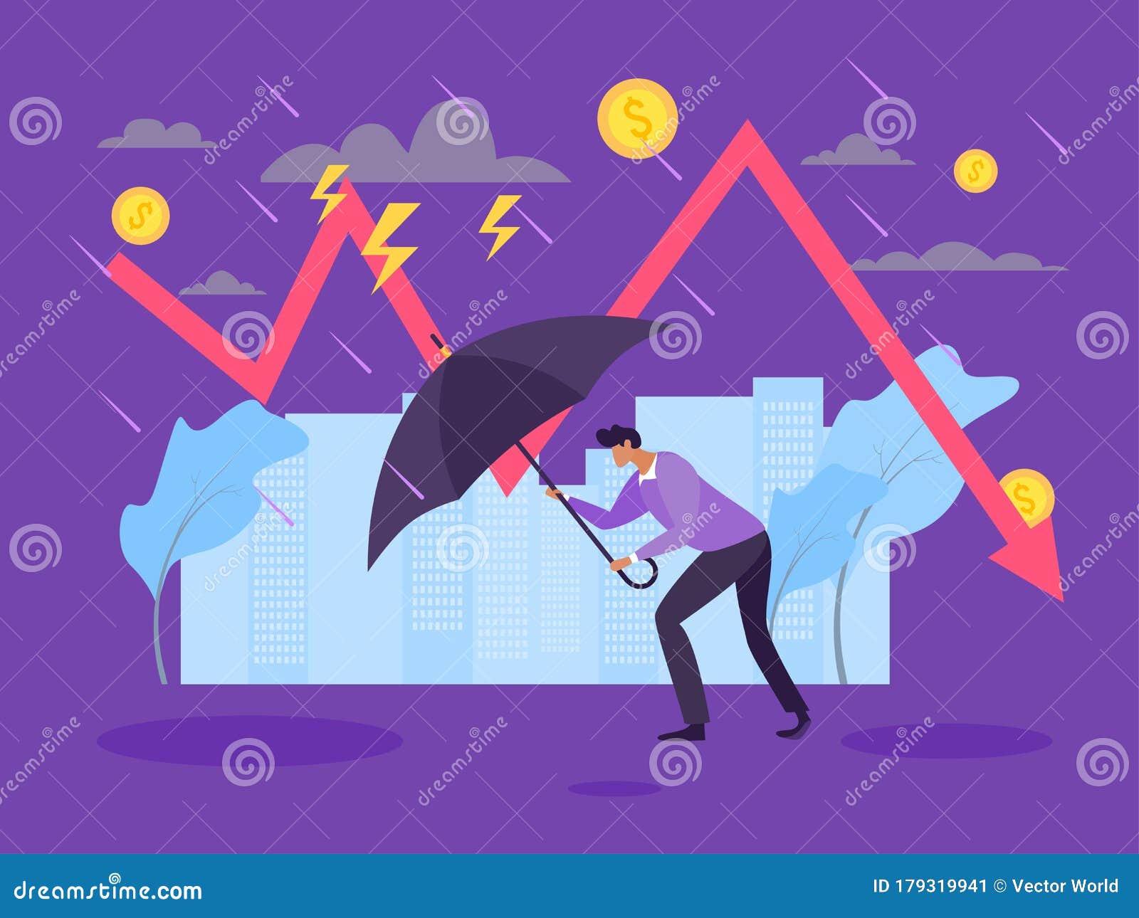 recession financial crisis concept, slowdown in production  . man character with umbrella go against
