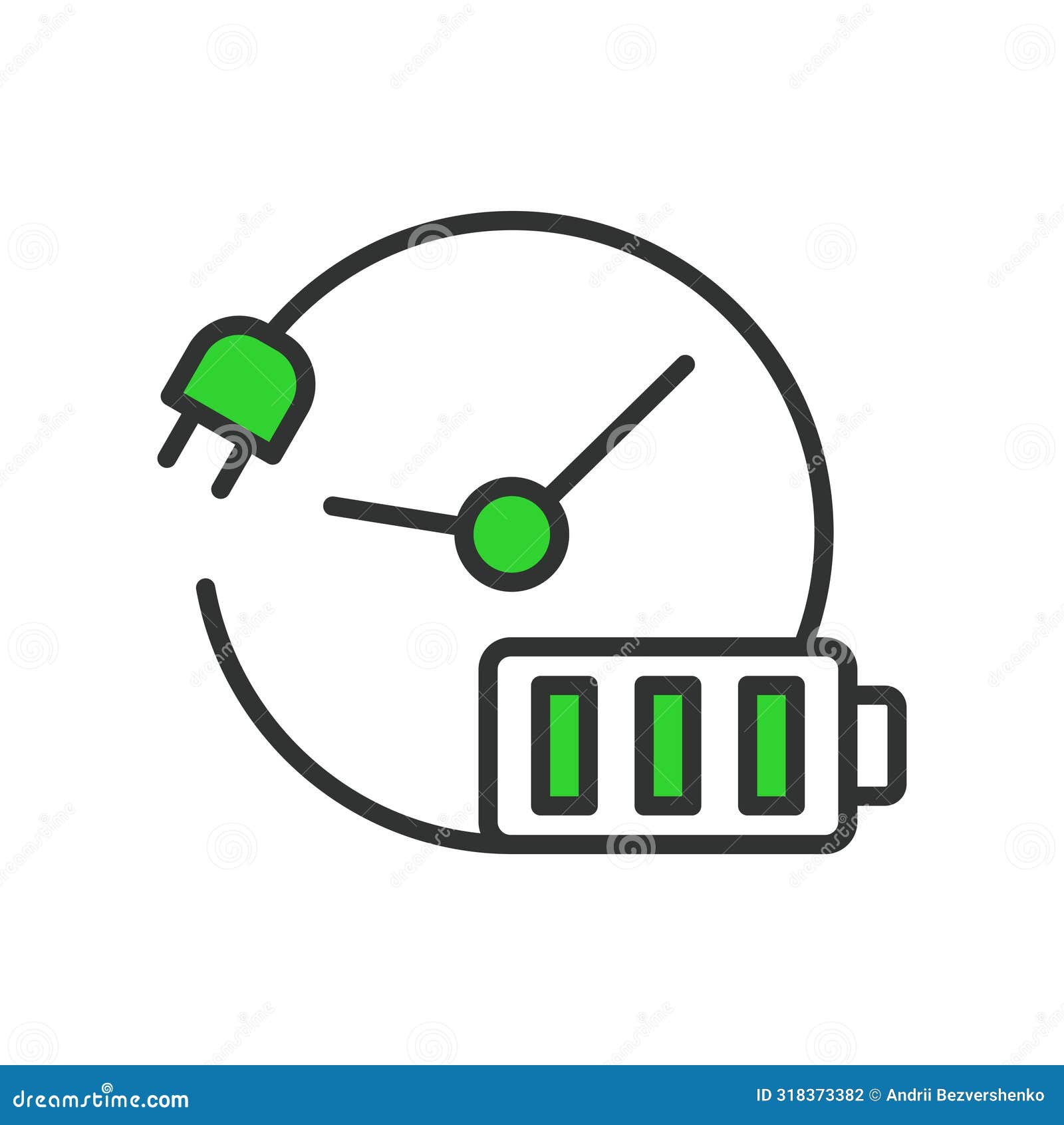 recharging time, in line , green. recharging, time, duration, charge, speed, quick, fast on white background
