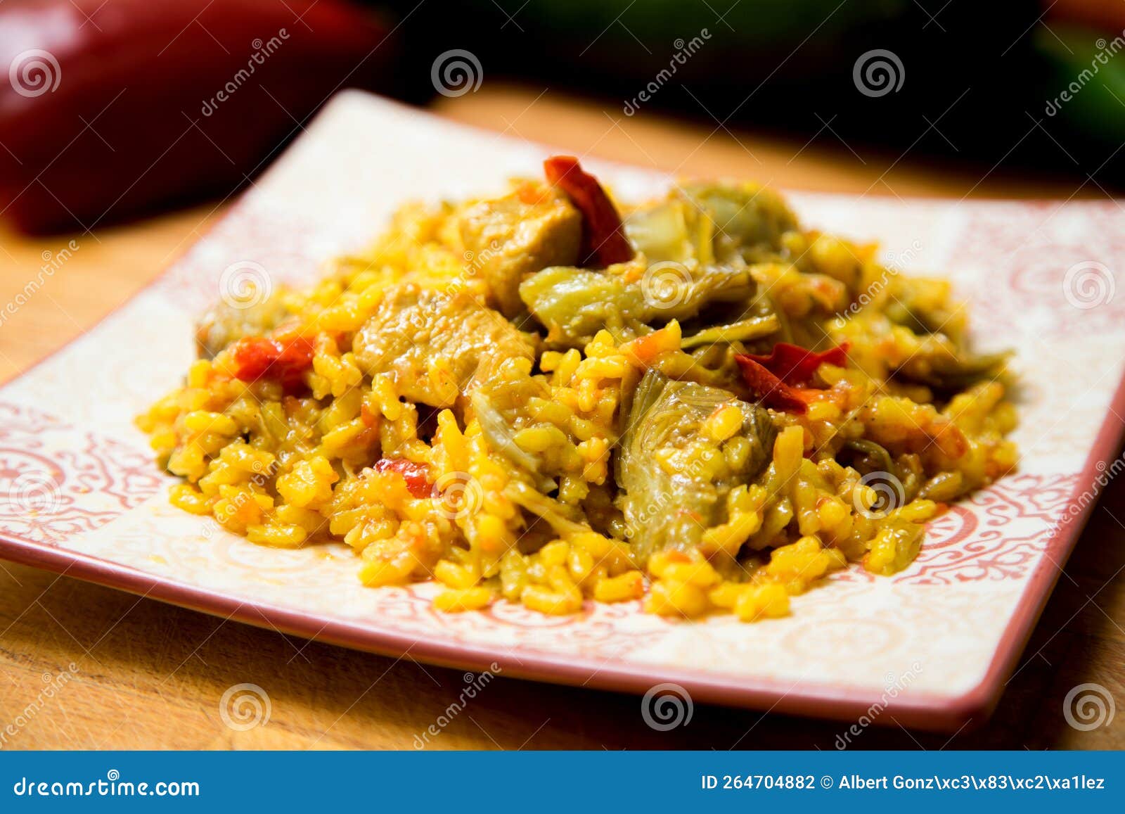 Baked Chicken Rice Paella with Vegetables. Traditional Spanish Recipe