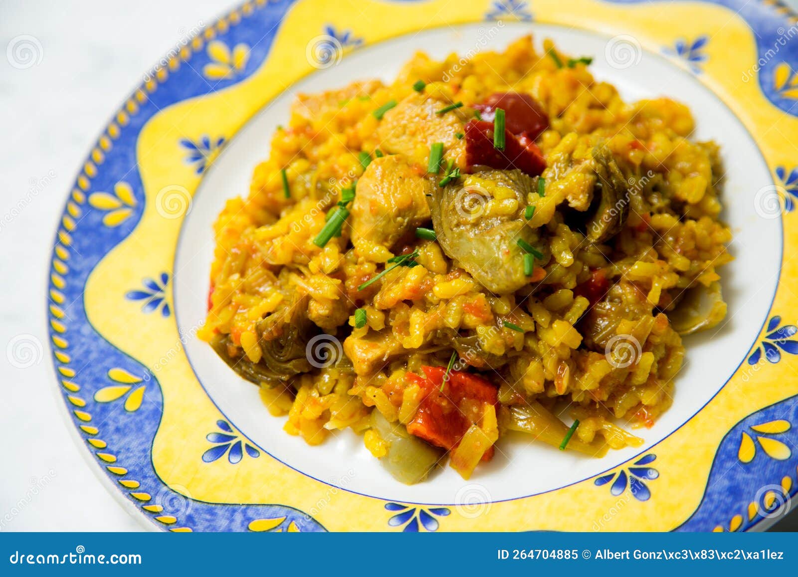 Baked Chicken Rice Paella with Vegetables. Traditional Spanish Recipe