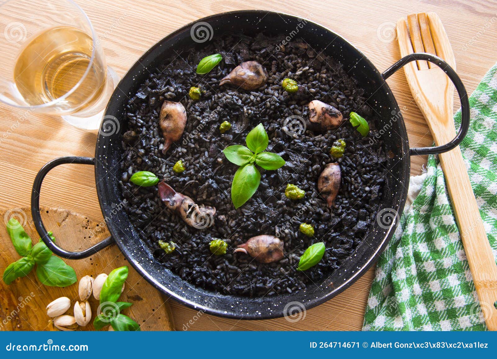 Black Rice Paella with Seafood and Fish. Traditional Spanish Recipe