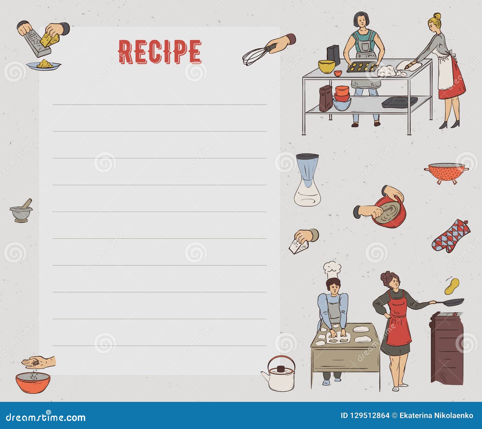 Recipe Card. Cookbook Page. Design Template with People Preparing Throughout Restaurant Recipe Card Template