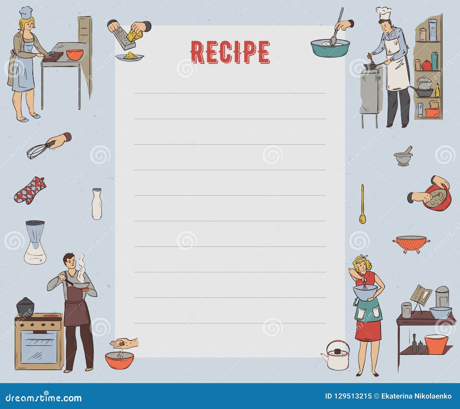 Recipe Card. Cookbook Page. Design Template with People Preparing With Restaurant Recipe Card Template