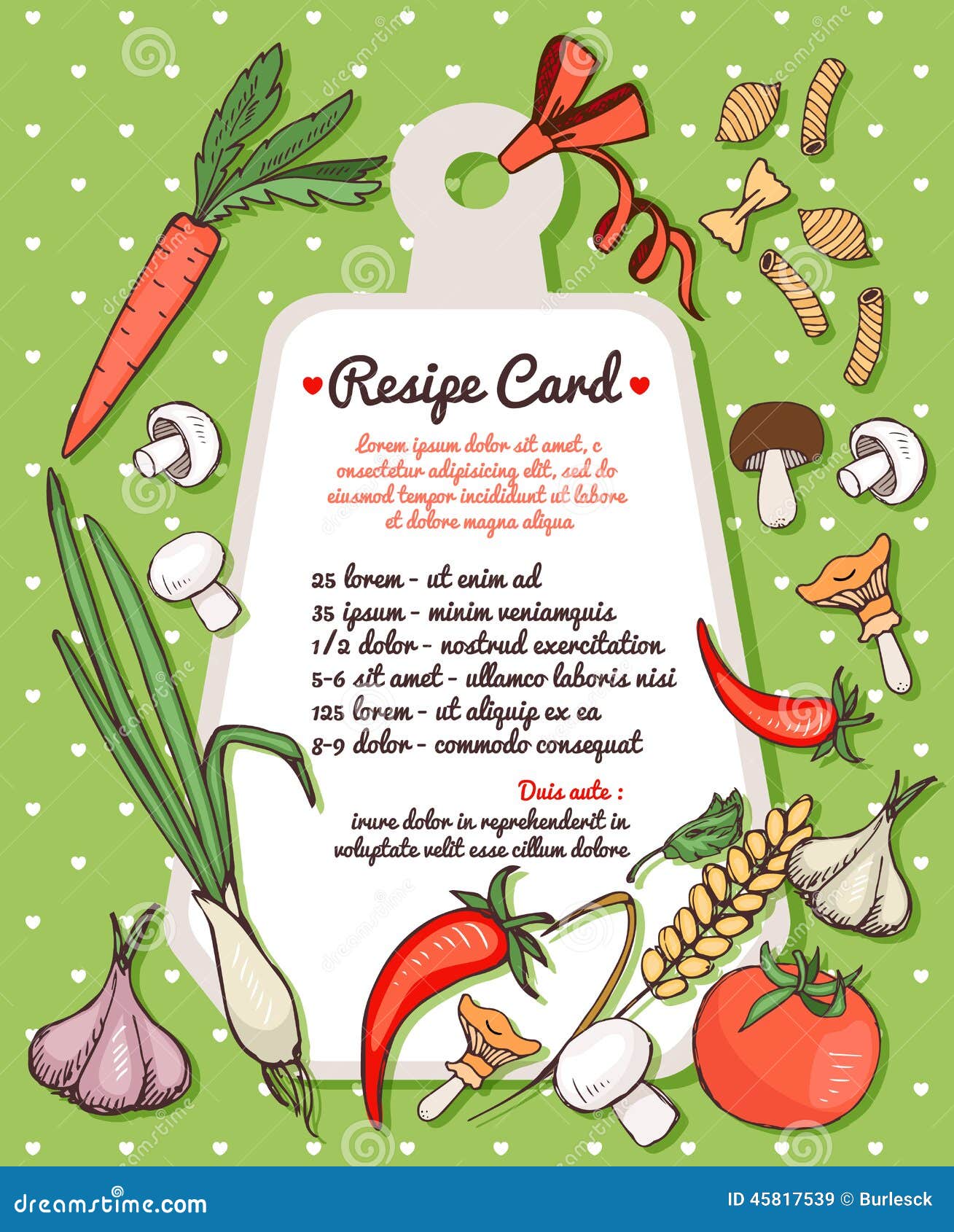 Recipe Card with Fresh Vegetables and Pasta Stock Vector - Illustration