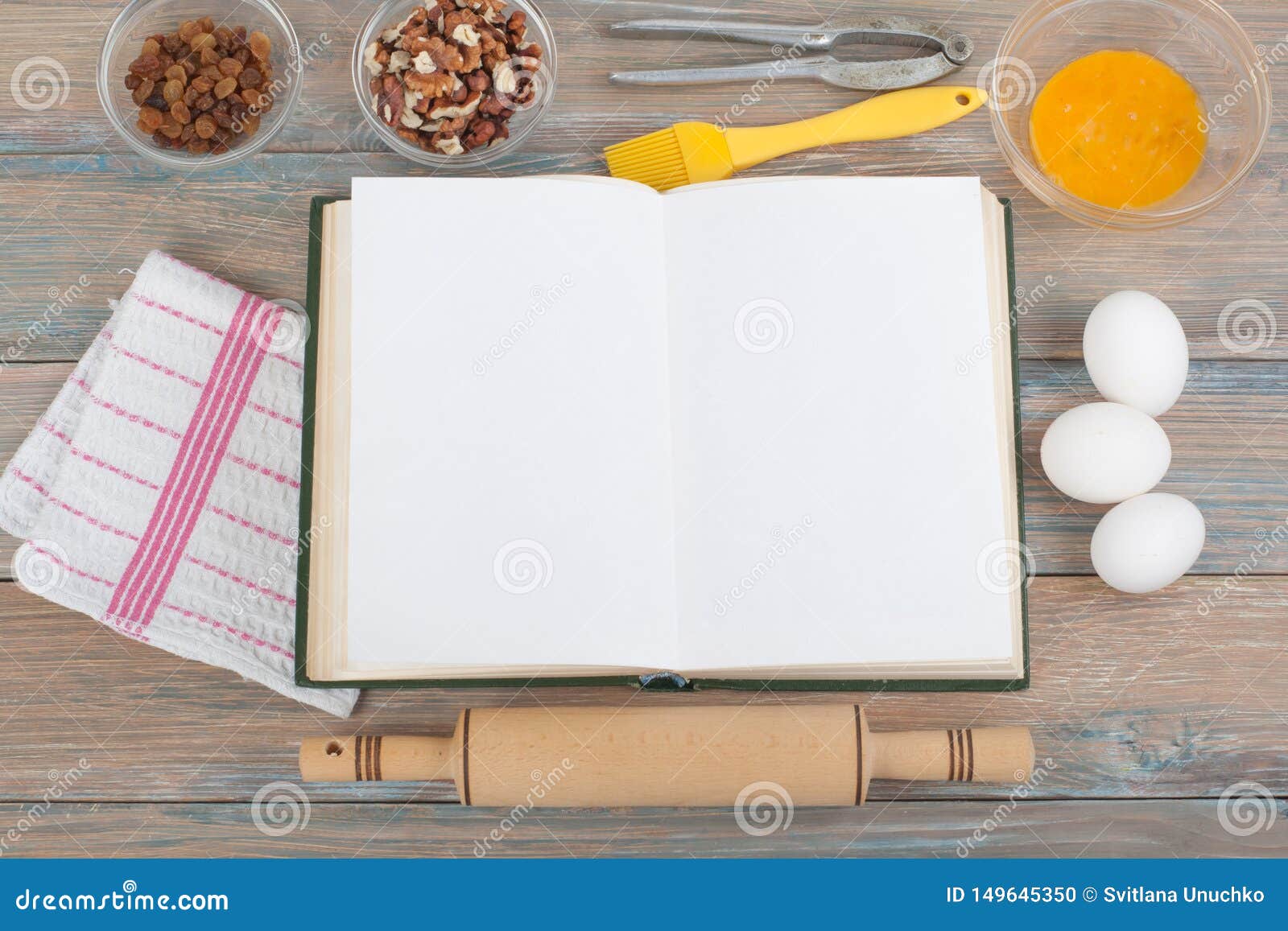 Recipe Cook Blank Book on Wooden Background, Spoon, Rolling Pin ...