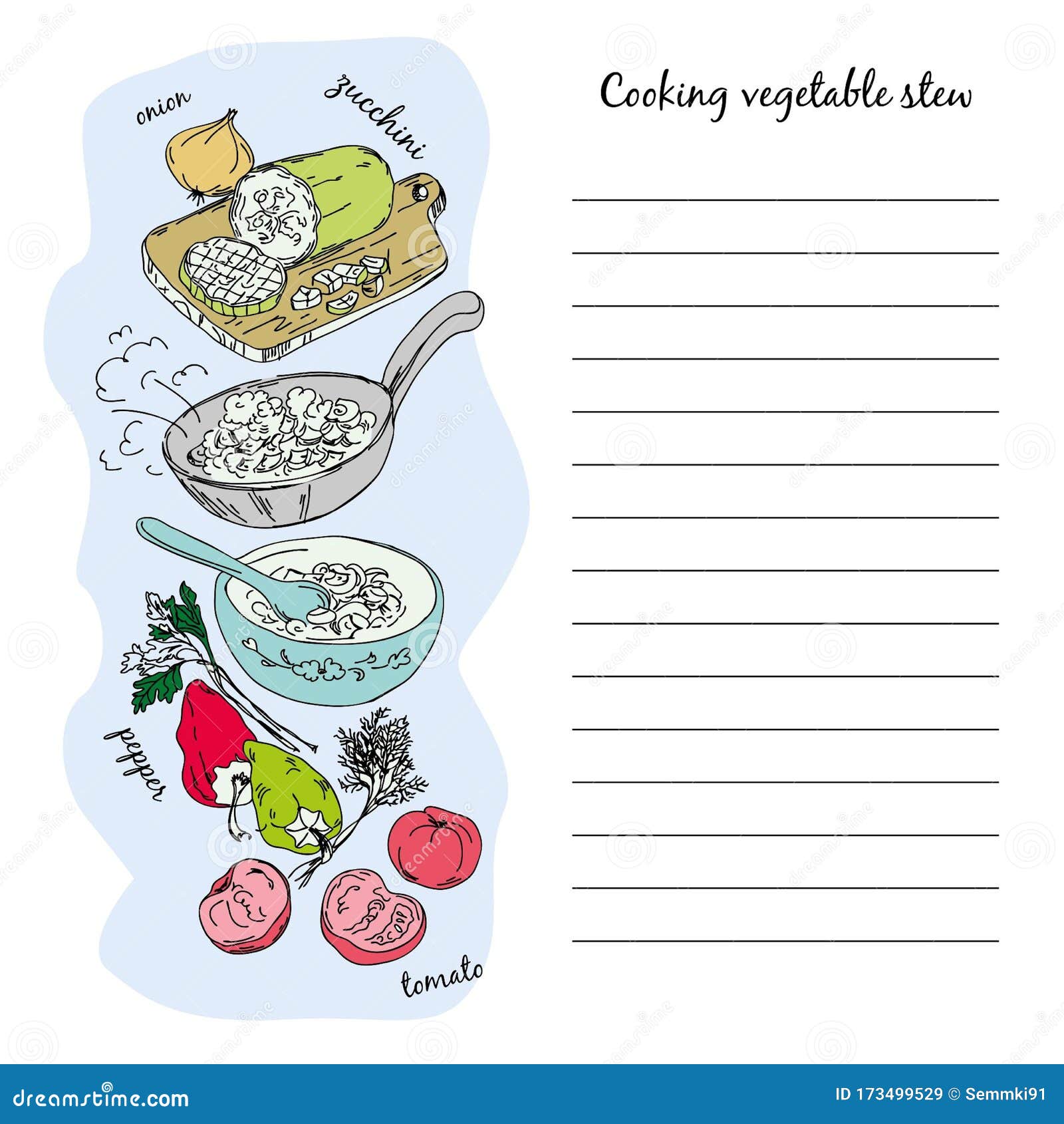 Recipe for Cooking Vegetable Stew, Vector Illustration Drawn by Hand