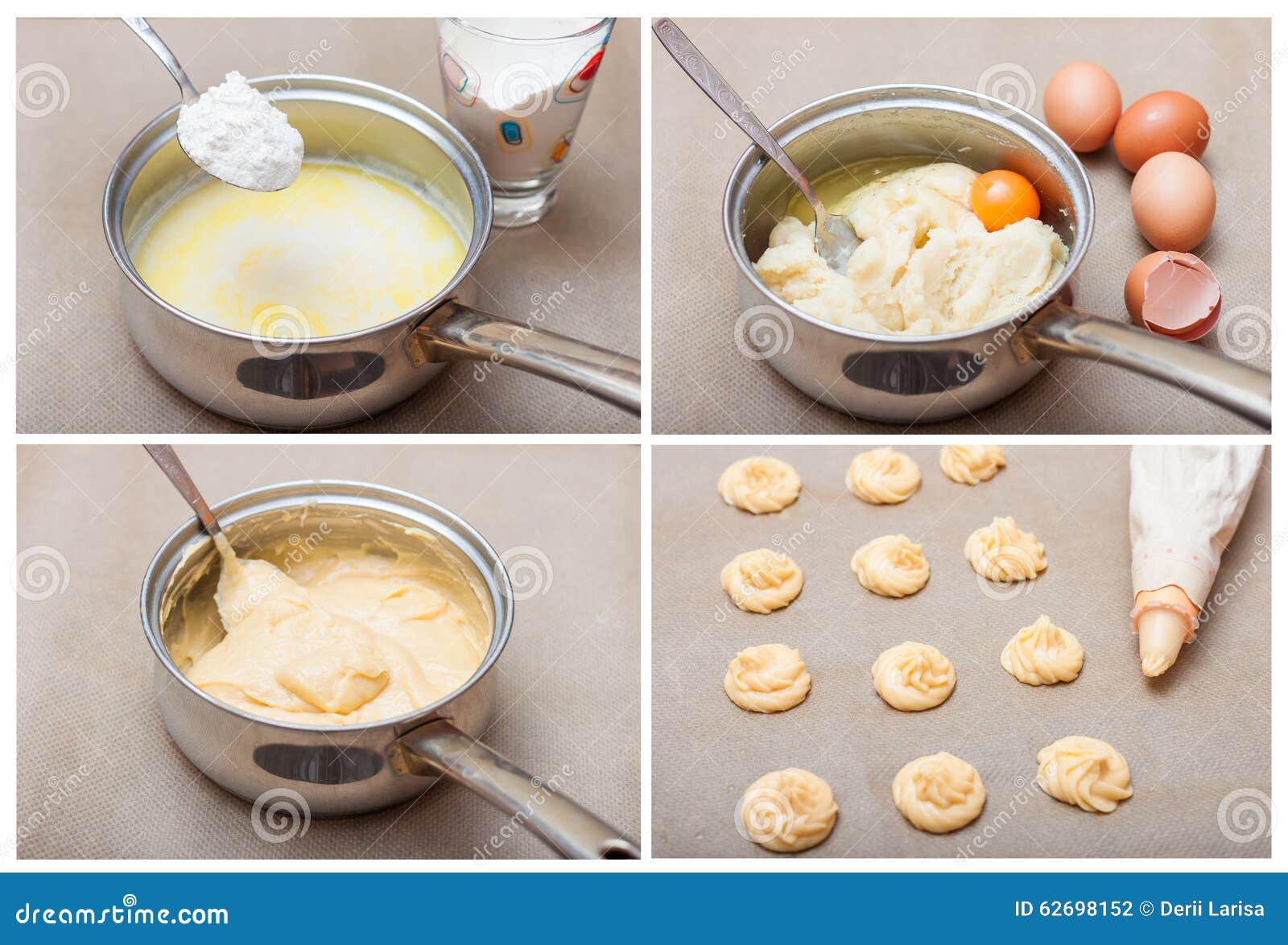 recipe profiteroles choux pastry step step cooking collage preparation eclairs saucepan milk flour eggs bag 62698152