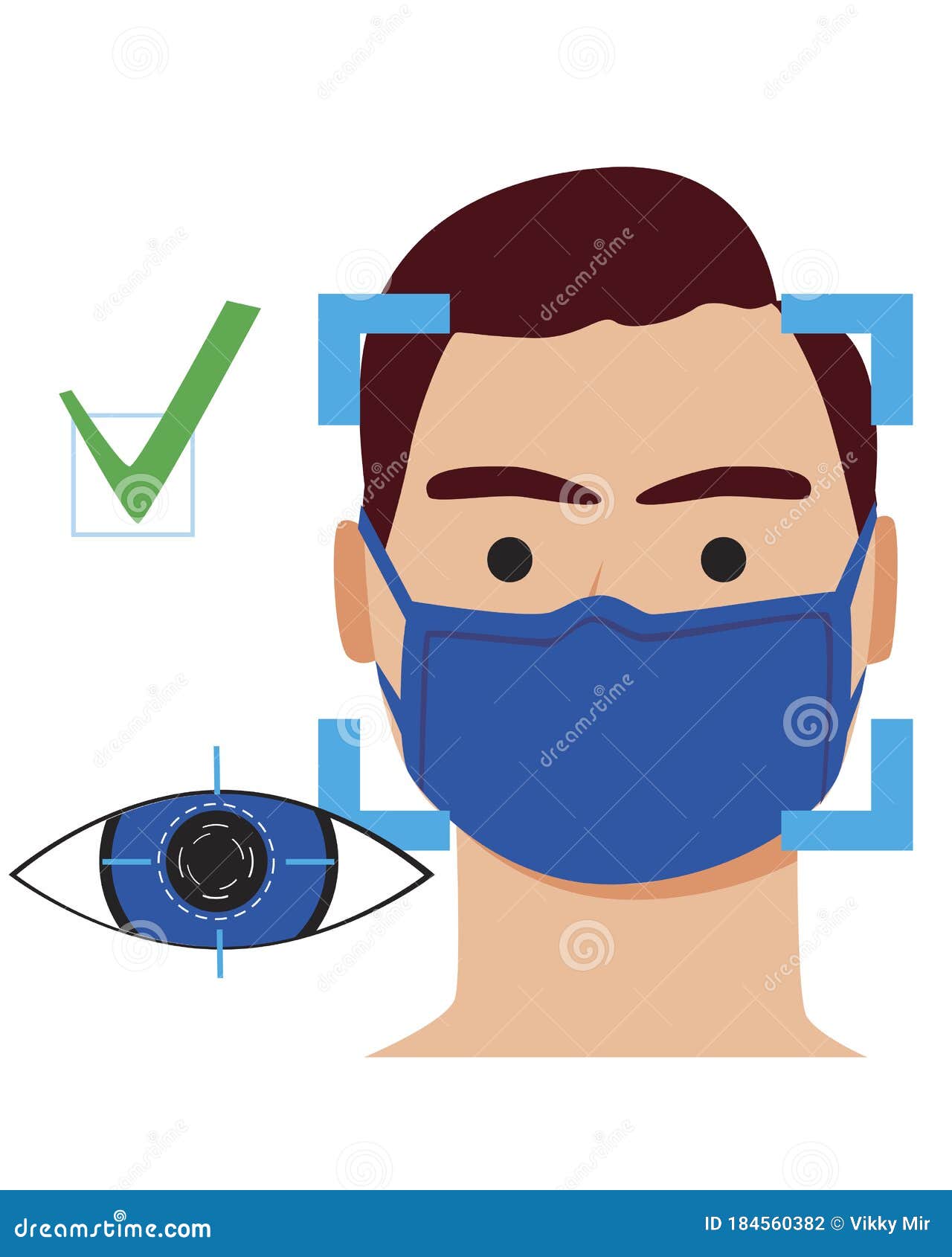 recognition of the face and eyes of a man in a medical mask, saying stock   as a concept of identifying a person