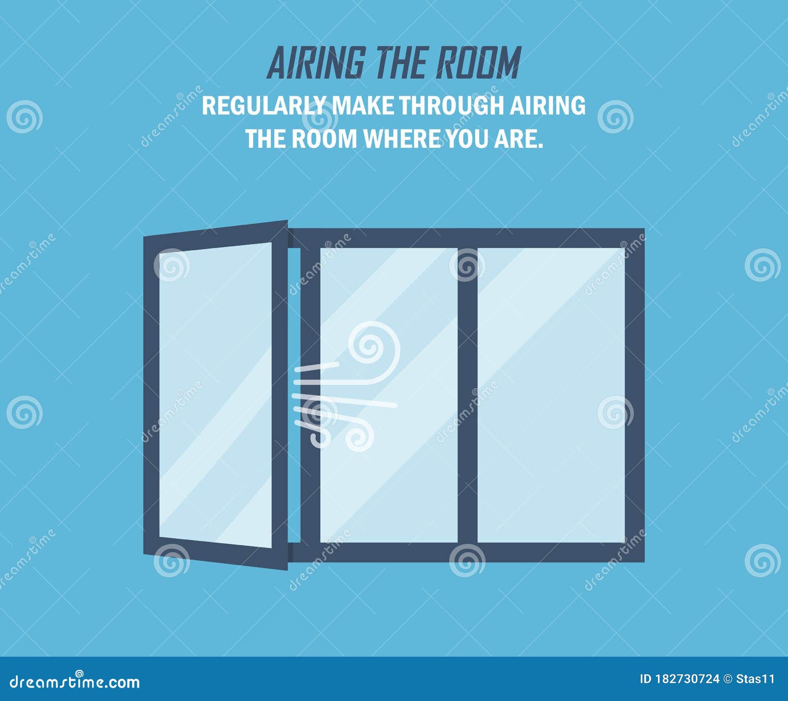 recommendation during a coronavirus pandemic. airing the room. open window in a flat  on a blue background